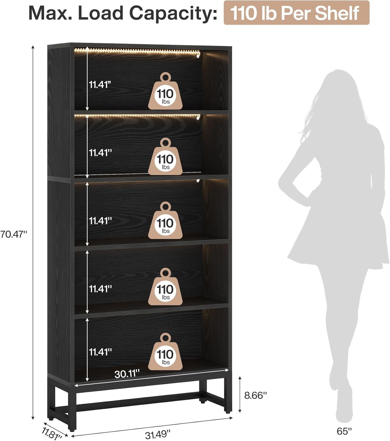 Tribesigns Libreria da 180 cm, grande scaffali con luci a LED con ripiani a 5 livelli per soggiorno
