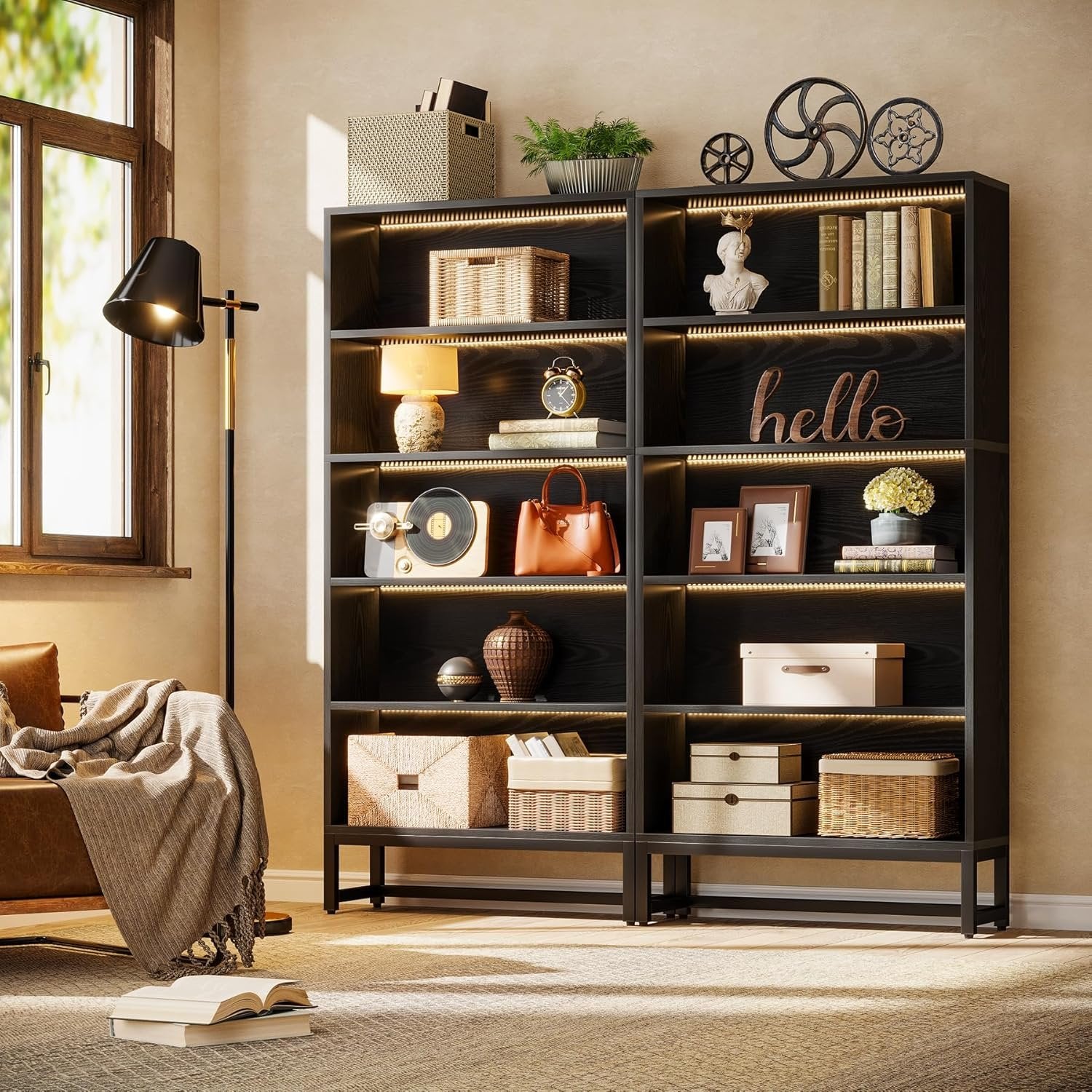 Tribesigns Libreria da 180 cm, grande scaffali con luci a LED con ripiani a 5 livelli per soggiorno