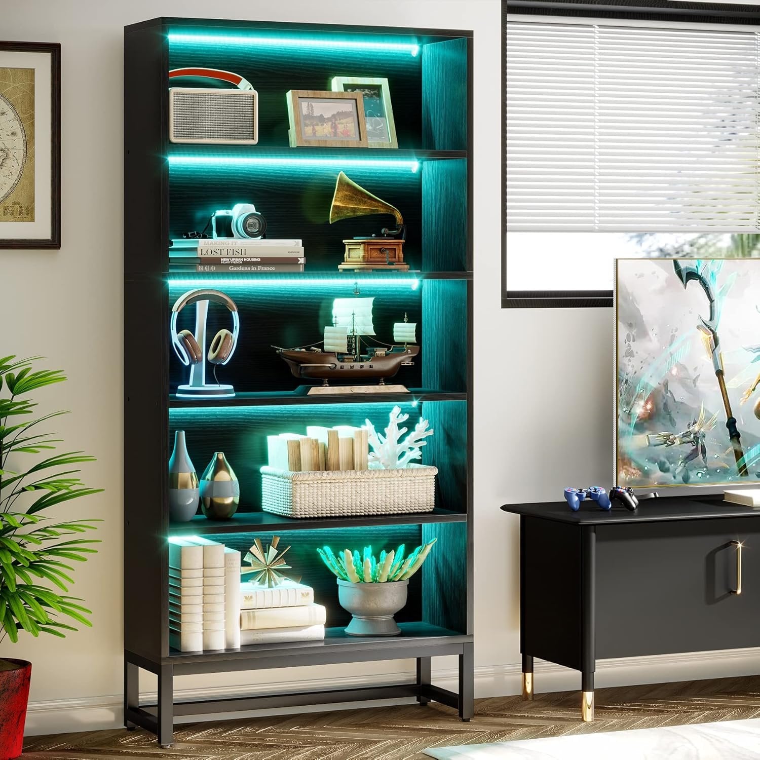 Tribesigns Libreria da 180 cm, grande scaffali con luci a LED con ripiani a 5 livelli per soggiorno