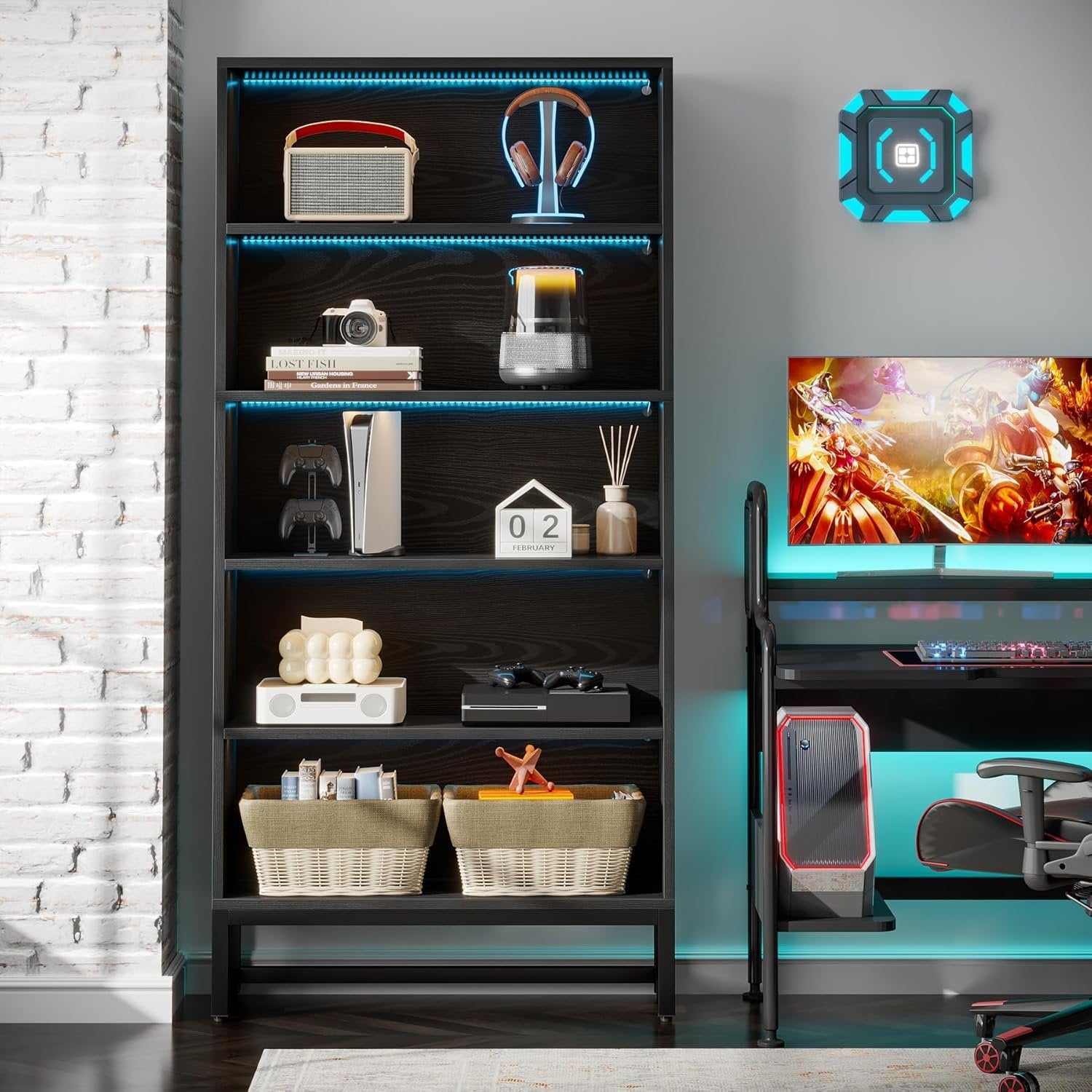 Tribesigns Libreria da 180 cm, grande scaffali con luci a LED con ripiani a 5 livelli per soggiorno