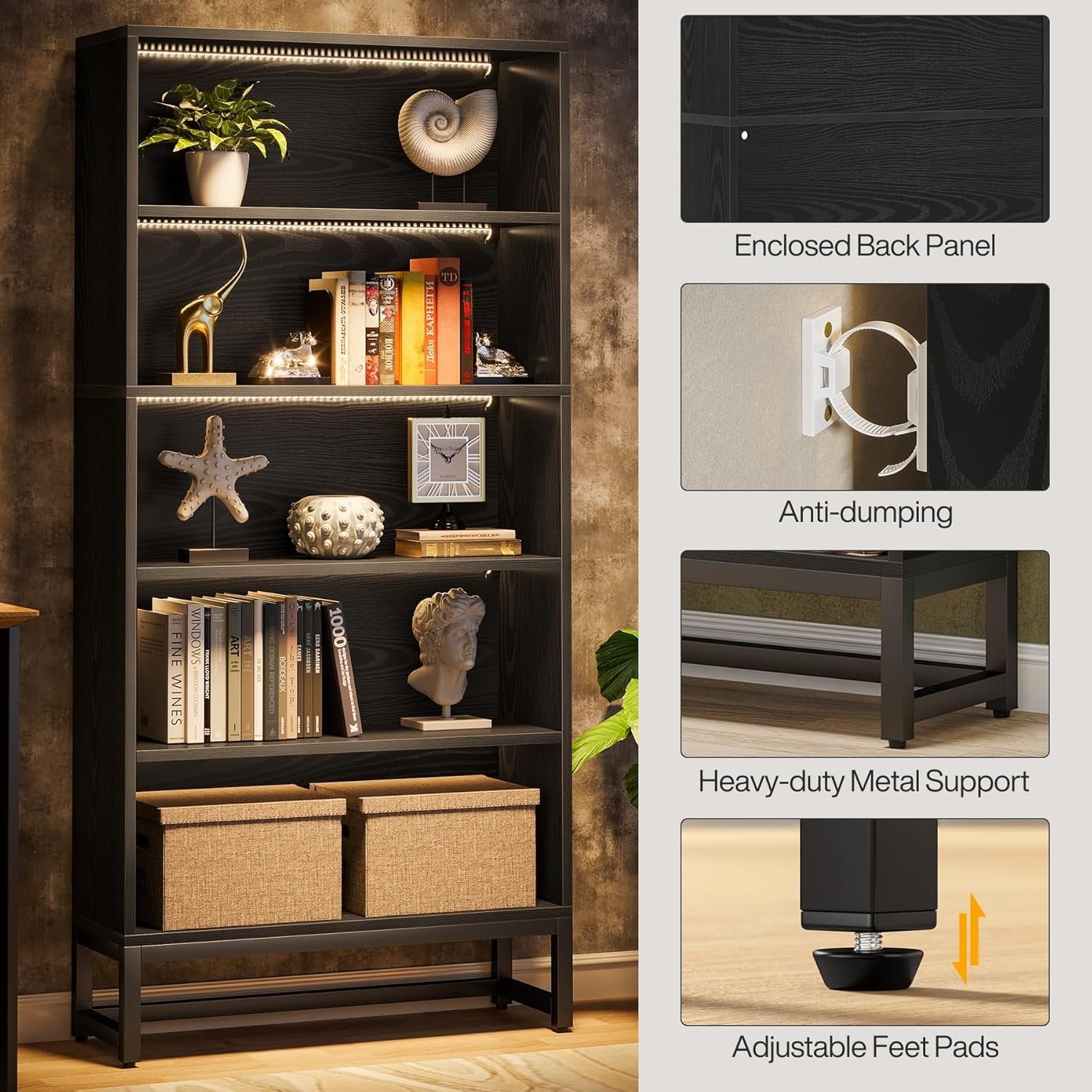 Tribesigns Libreria da 180 cm, grande scaffali con luci a LED con ripiani a 5 livelli per soggiorno