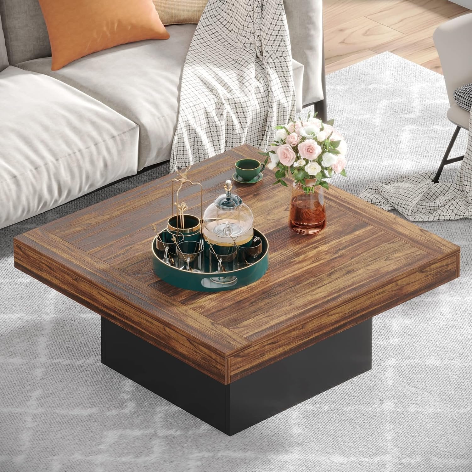 Tribesigns Tavolino da caffè quadrato, tavolino basso in legno ingegnerizzato con LED