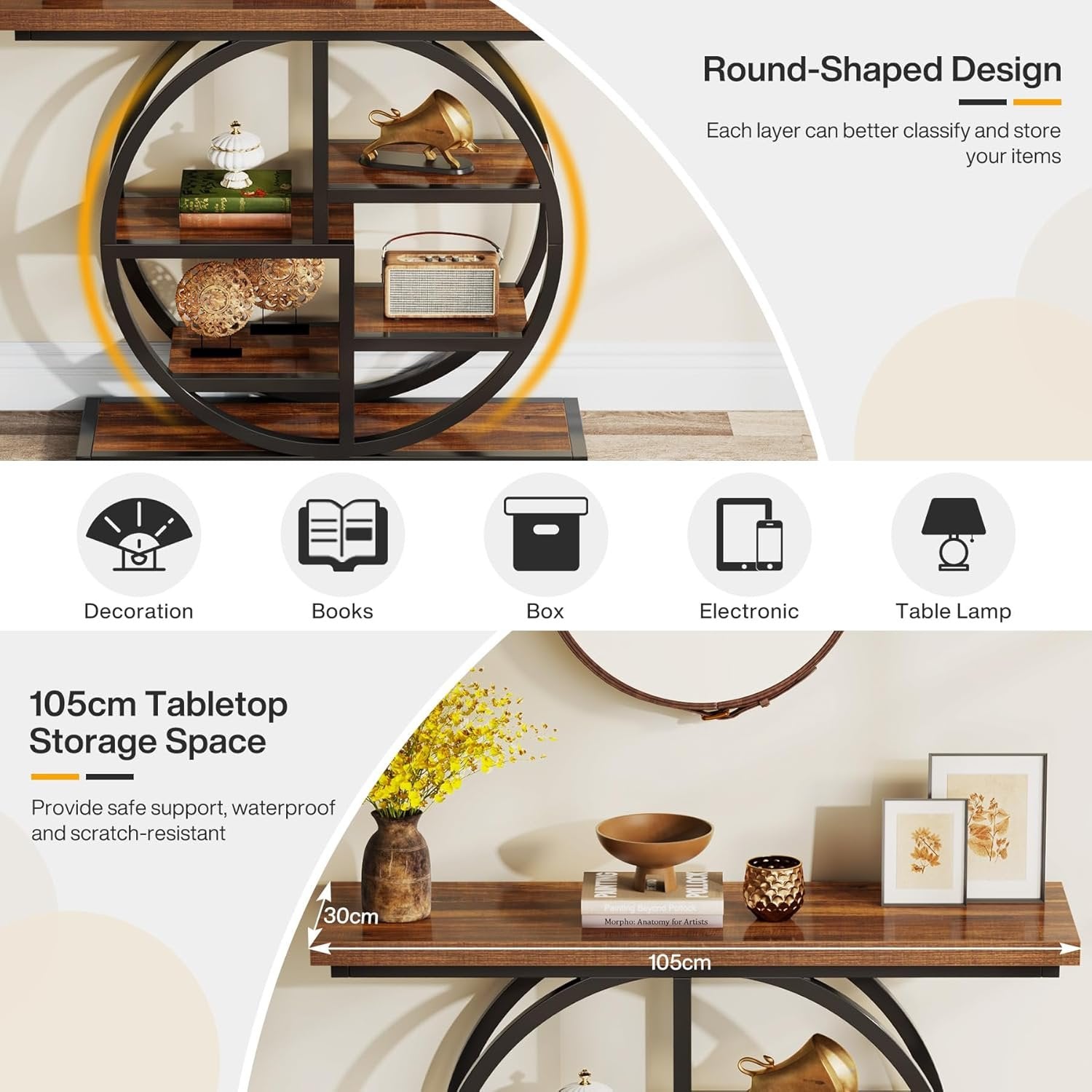 Tribesigns 105 cm tavolo consolle, tavolo divano stretto a 6 ripiani con ripiani circolari