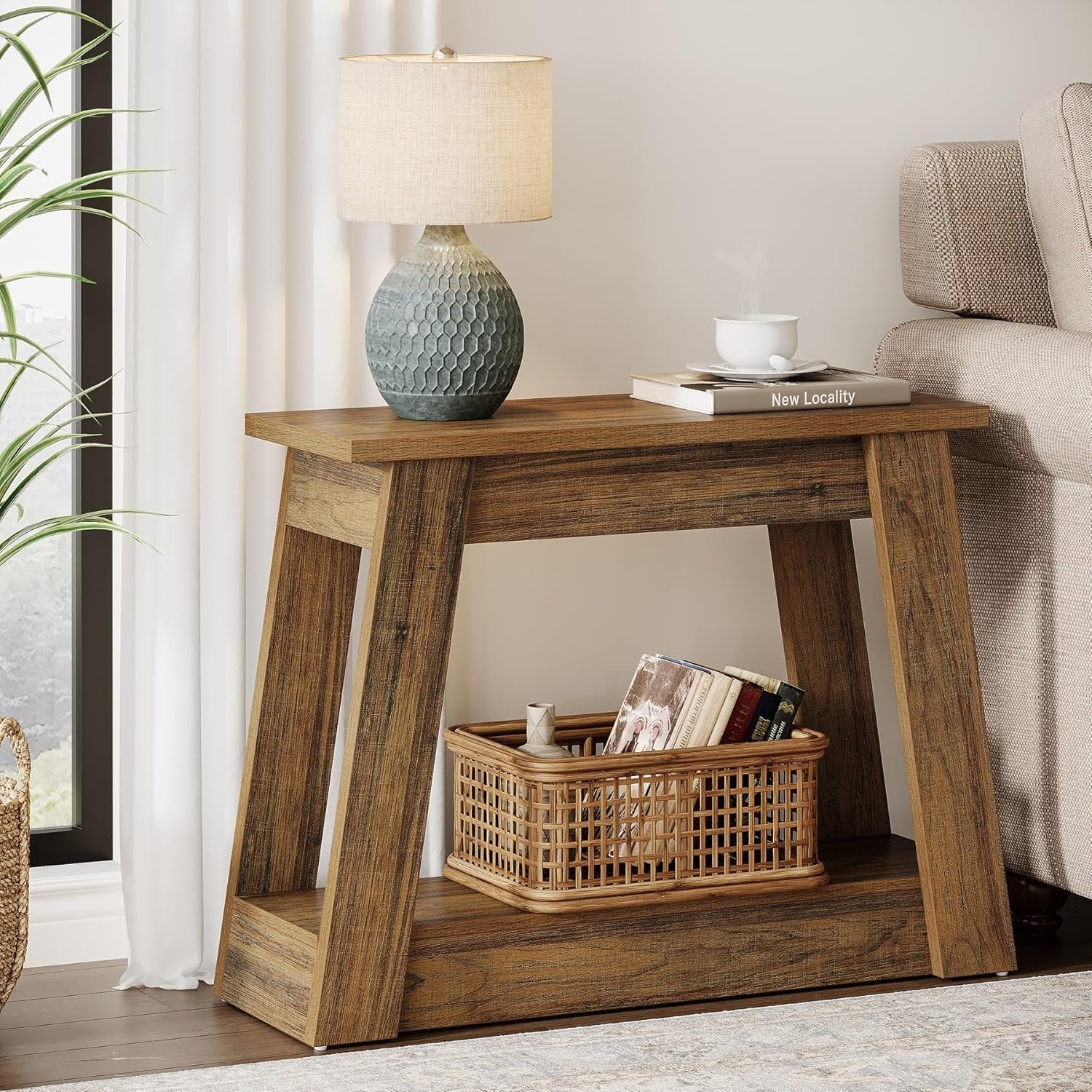 Tribesigns Tavolino in legno, piccolo tavolino comodino stretto con 2 ripiani