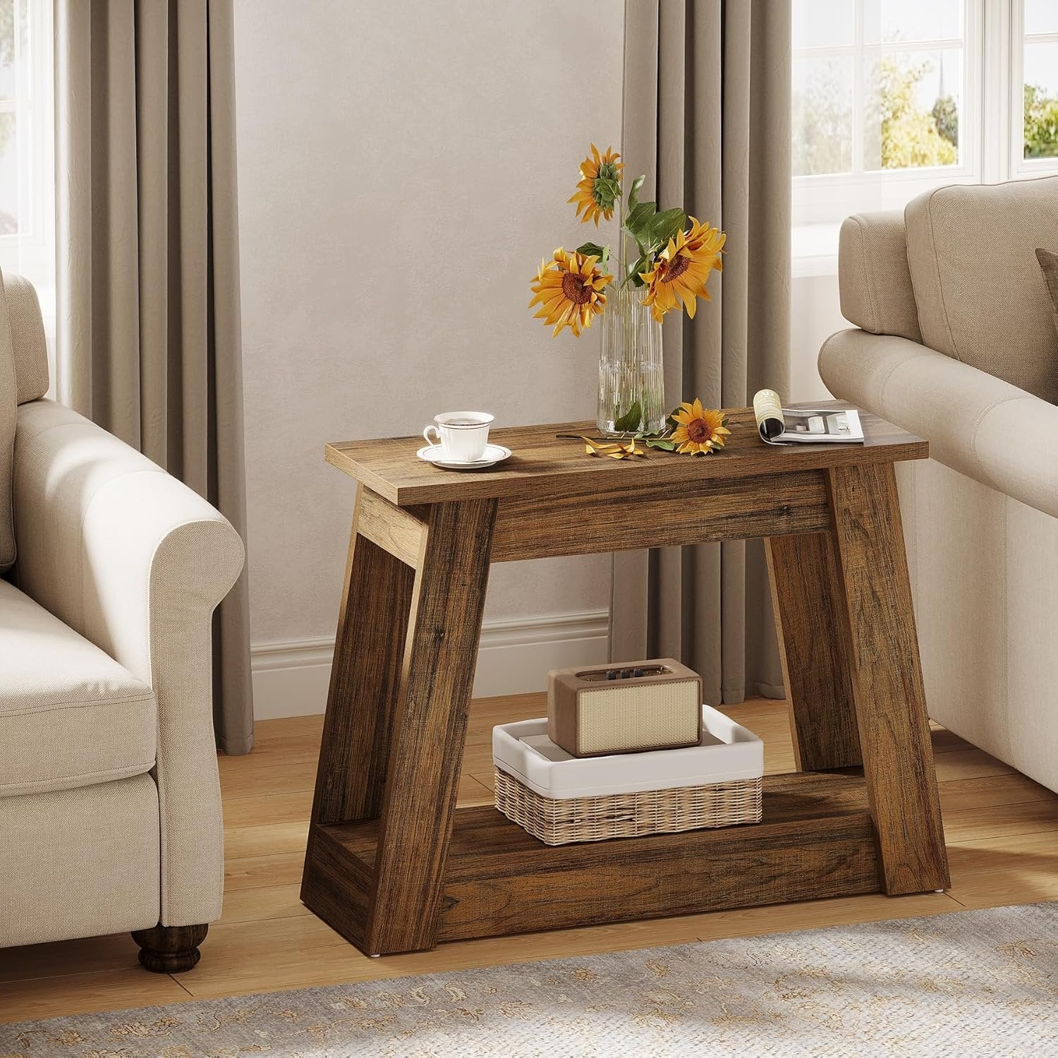 Tribesigns Tavolino in legno, piccolo tavolino comodino stretto con 2 ripiani