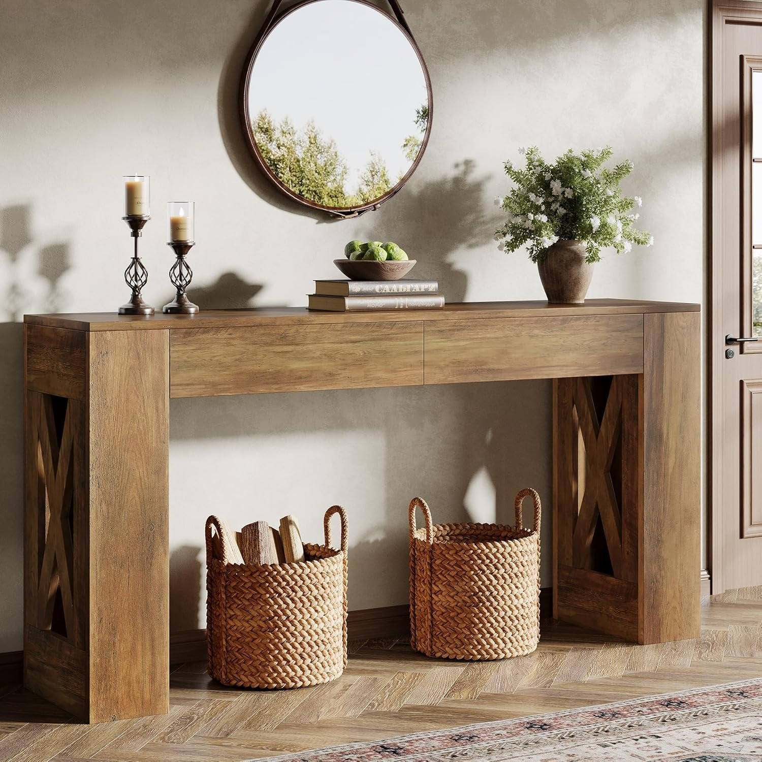 Tribesigns 160 cm Tavolo consolle, consolle stretta a 2 livelli con 2 cassetti