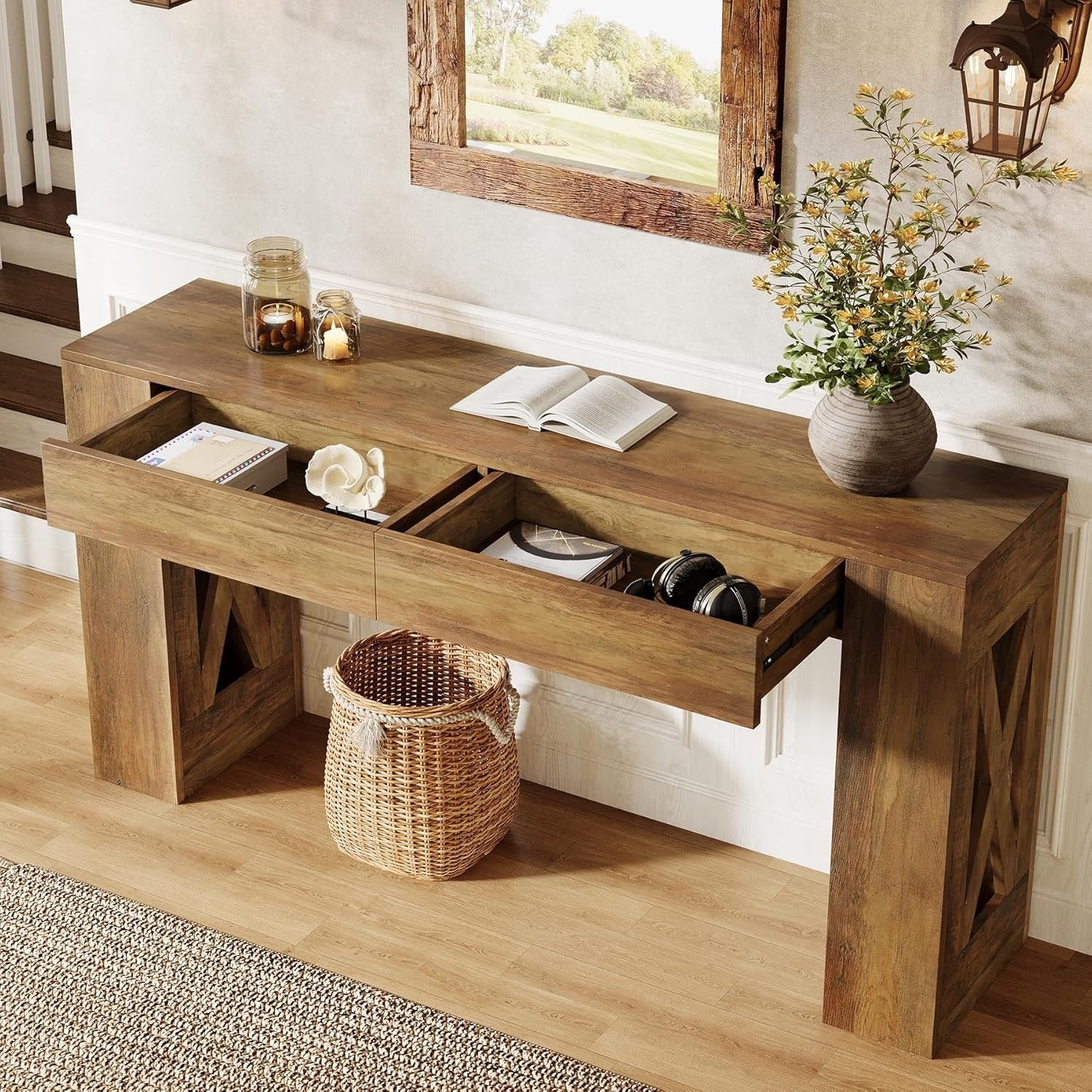 Tribesigns 160 cm Tavolo consolle, consolle stretta a 2 livelli con 2 cassetti