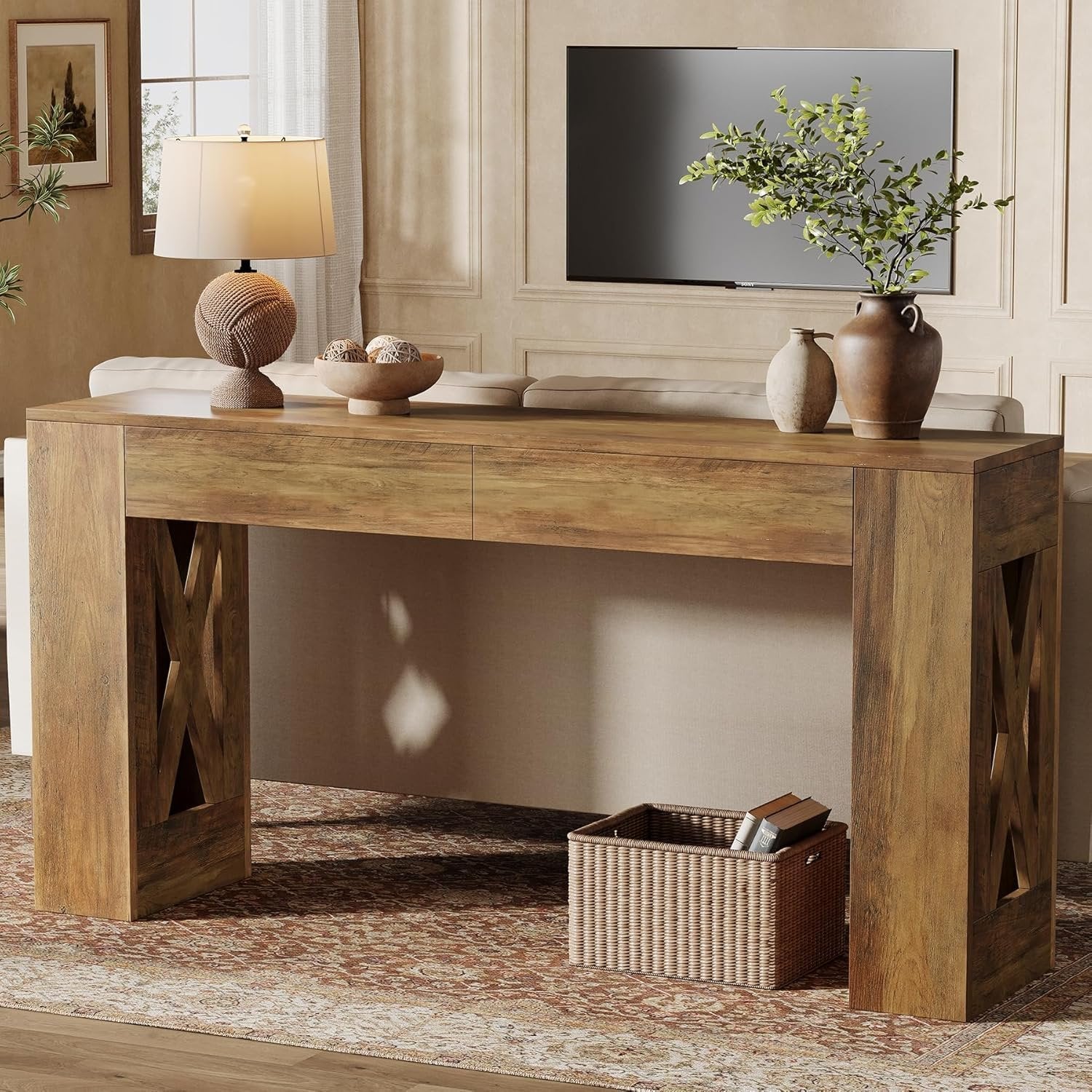Tribesigns 160 cm Tavolo consolle, consolle stretta a 2 livelli con 2 cassetti