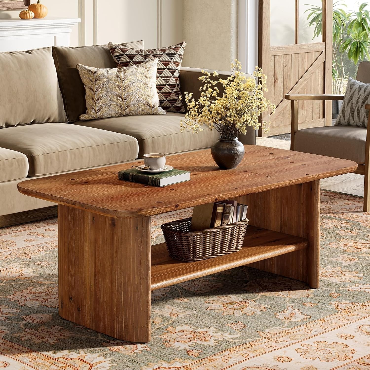 Tavolino da salotto da 120 cm, tavolo centrale in legno massello con vano portaoggetti