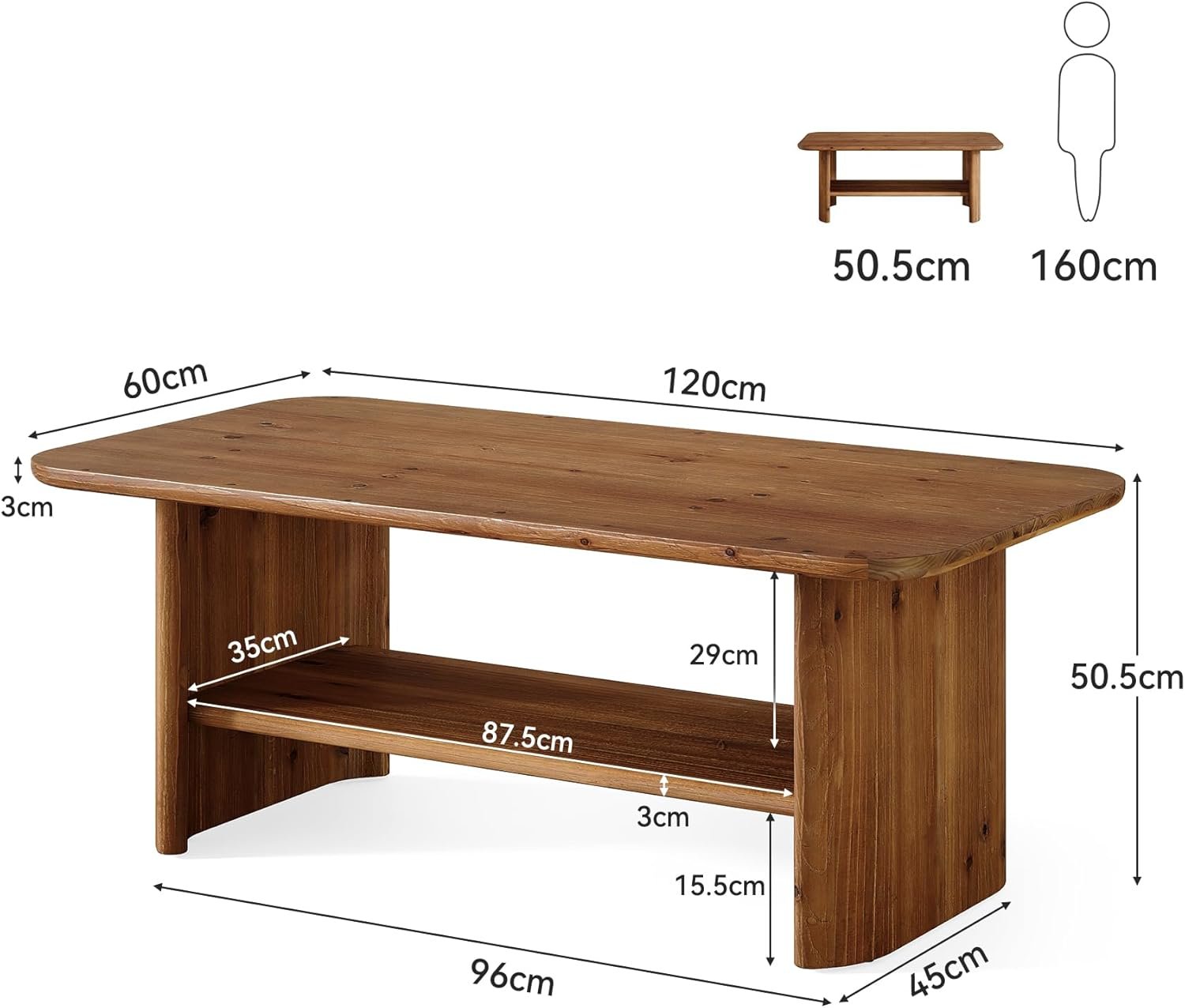 Tavolino da salotto da 120 cm, tavolo centrale in legno massello con vano portaoggetti