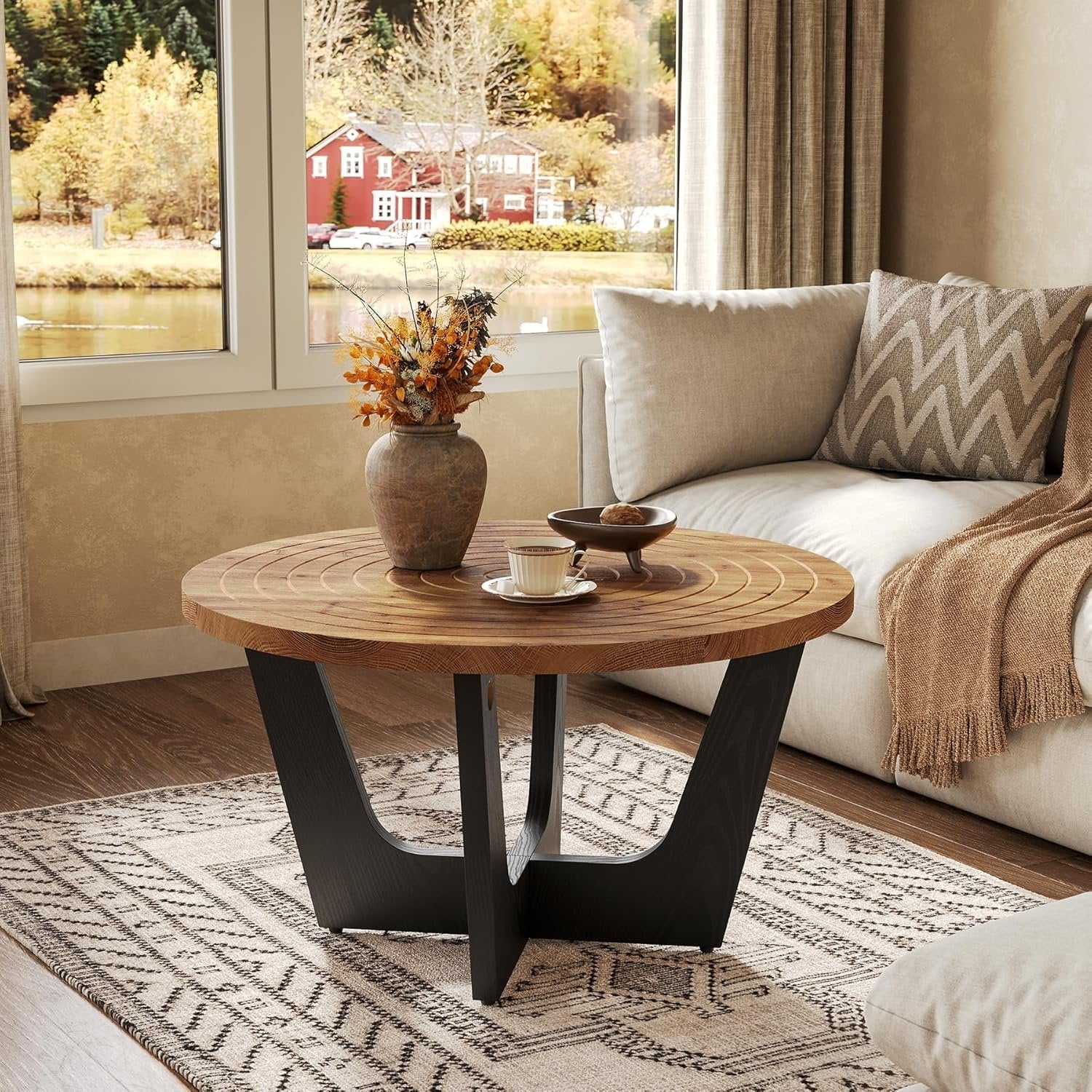 Tribesigns 80 cm Tavolino rotondo, tavolino da salotto piccolo con scanalatura ad anello in legno massello