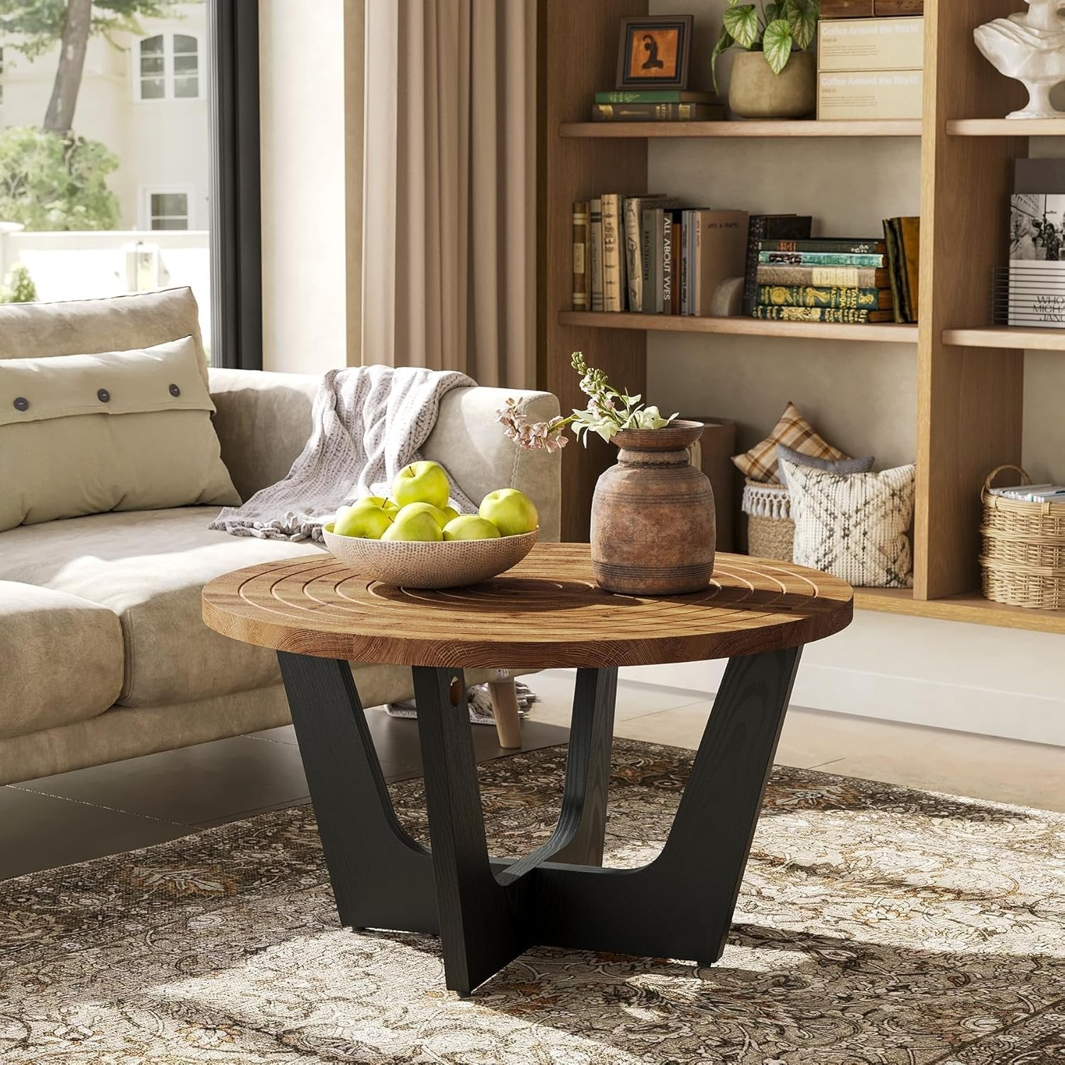 Tribesigns 80 cm Tavolino rotondo, tavolino da salotto piccolo con scanalatura ad anello in legno massello