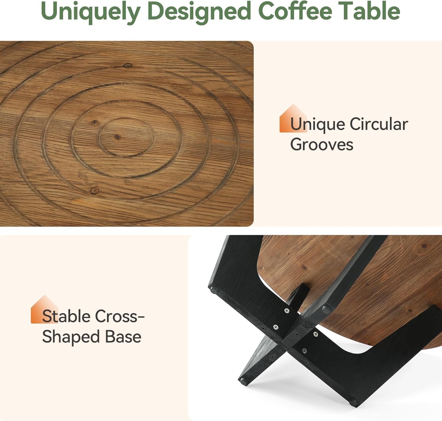 Tribesigns 80 cm Tavolino rotondo, tavolino da salotto piccolo con scanalatura ad anello in legno massello