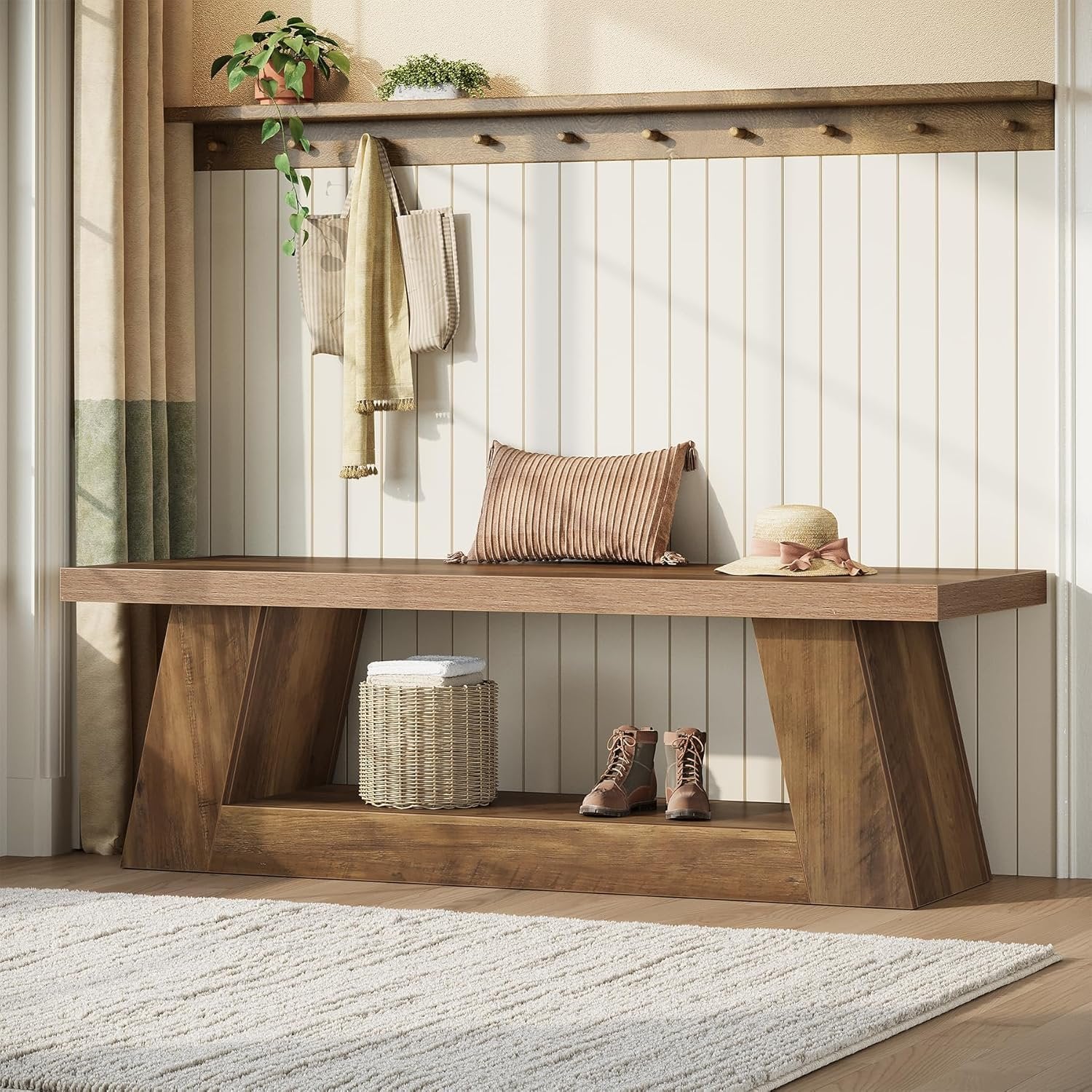 Panca d'ingresso da 160 cm, Panca da comodino in legno con 2 livelli