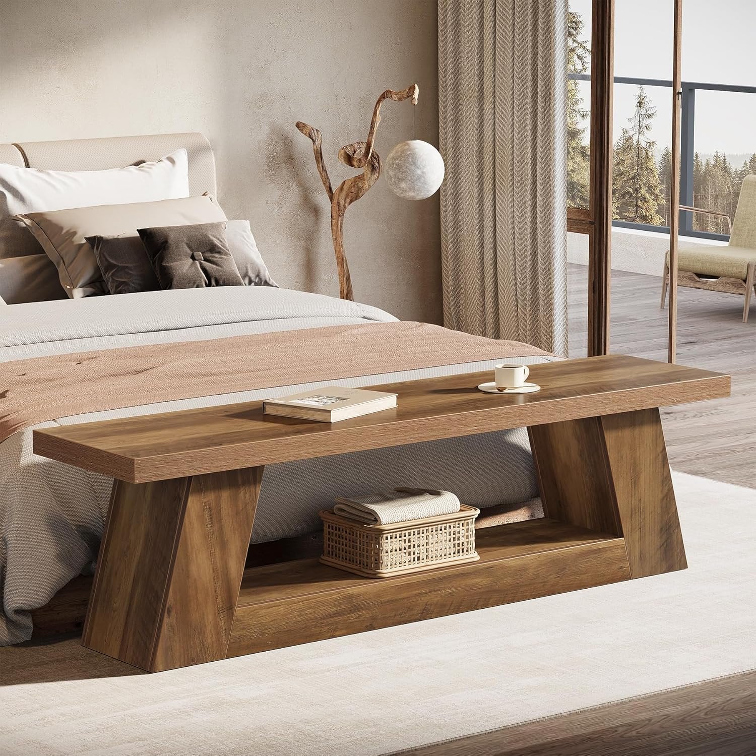 Panca d'ingresso da 160 cm, Panca da comodino in legno con 2 livelli