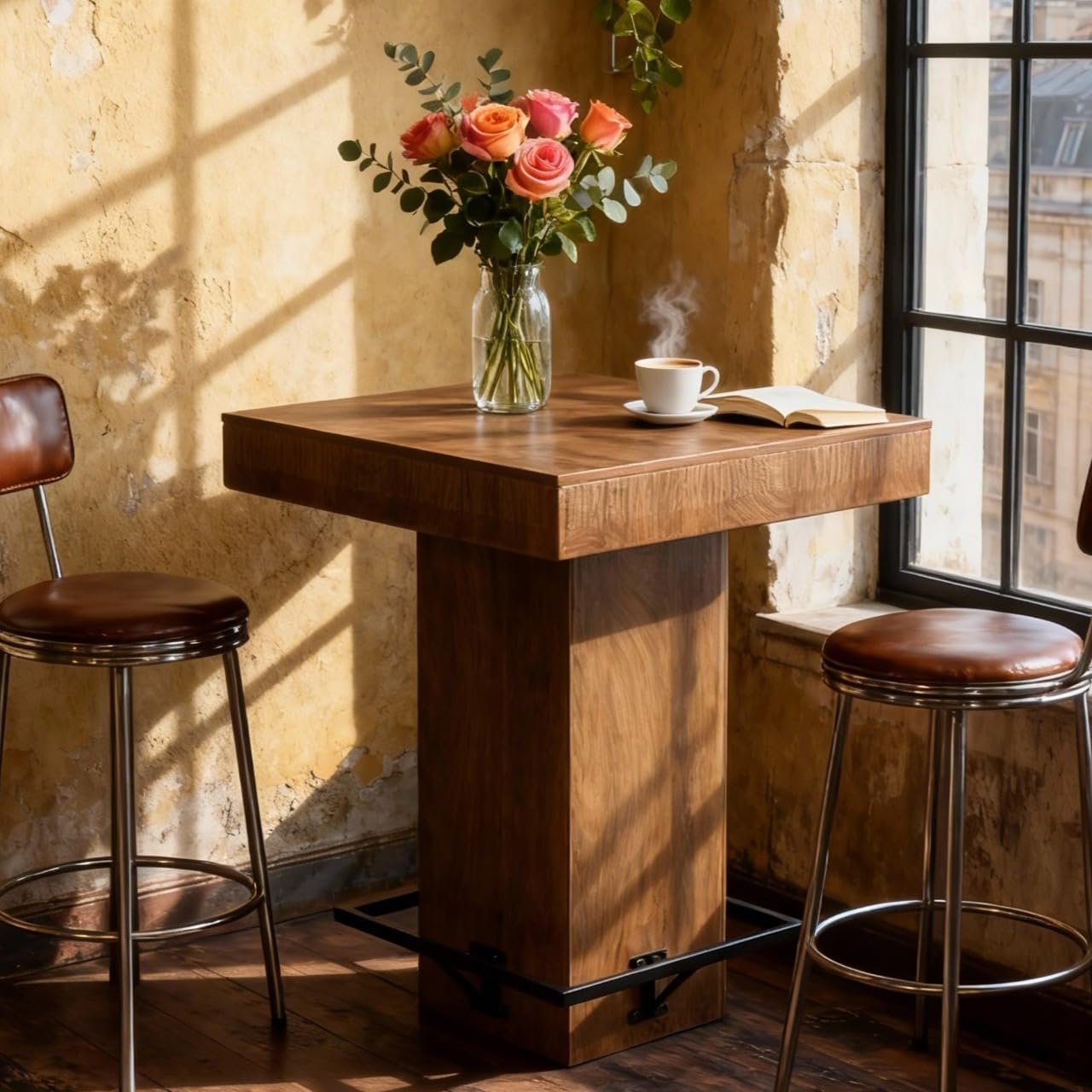 Tribesigns Tavolo da bar alto 95 cm, tavolo quadrato da bistrot in legno con poggiapiedi