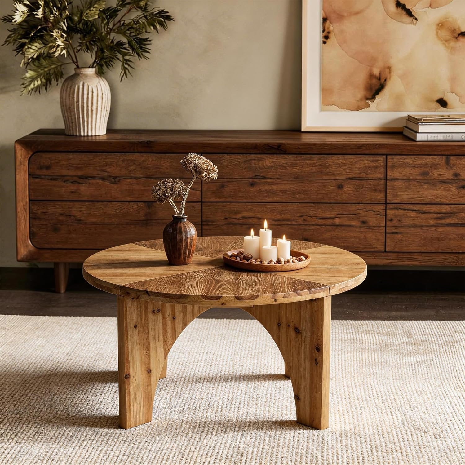 Tribesigns Tavolino rotondo da 80 cm, tavolino da salotto in legno massello con gambe curve