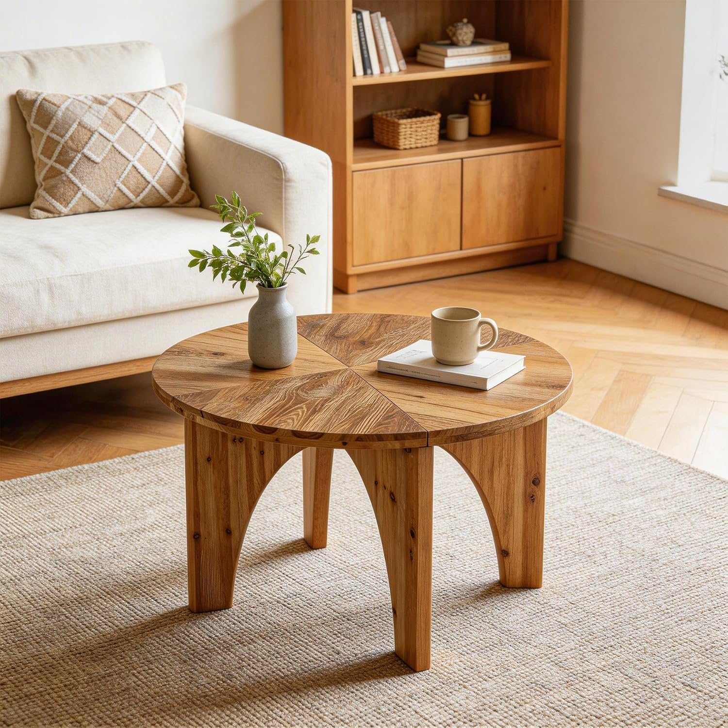 Tribesigns Tavolino rotondo da 80 cm, tavolino da salotto in legno massello con gambe curve