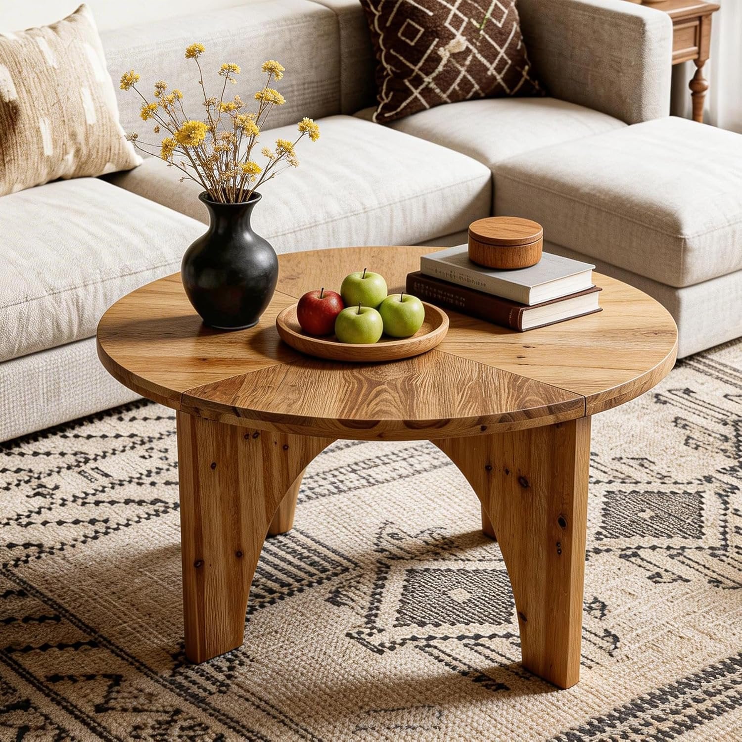 Tribesigns Tavolino rotondo da 80 cm, tavolino da salotto in legno massello con gambe curve