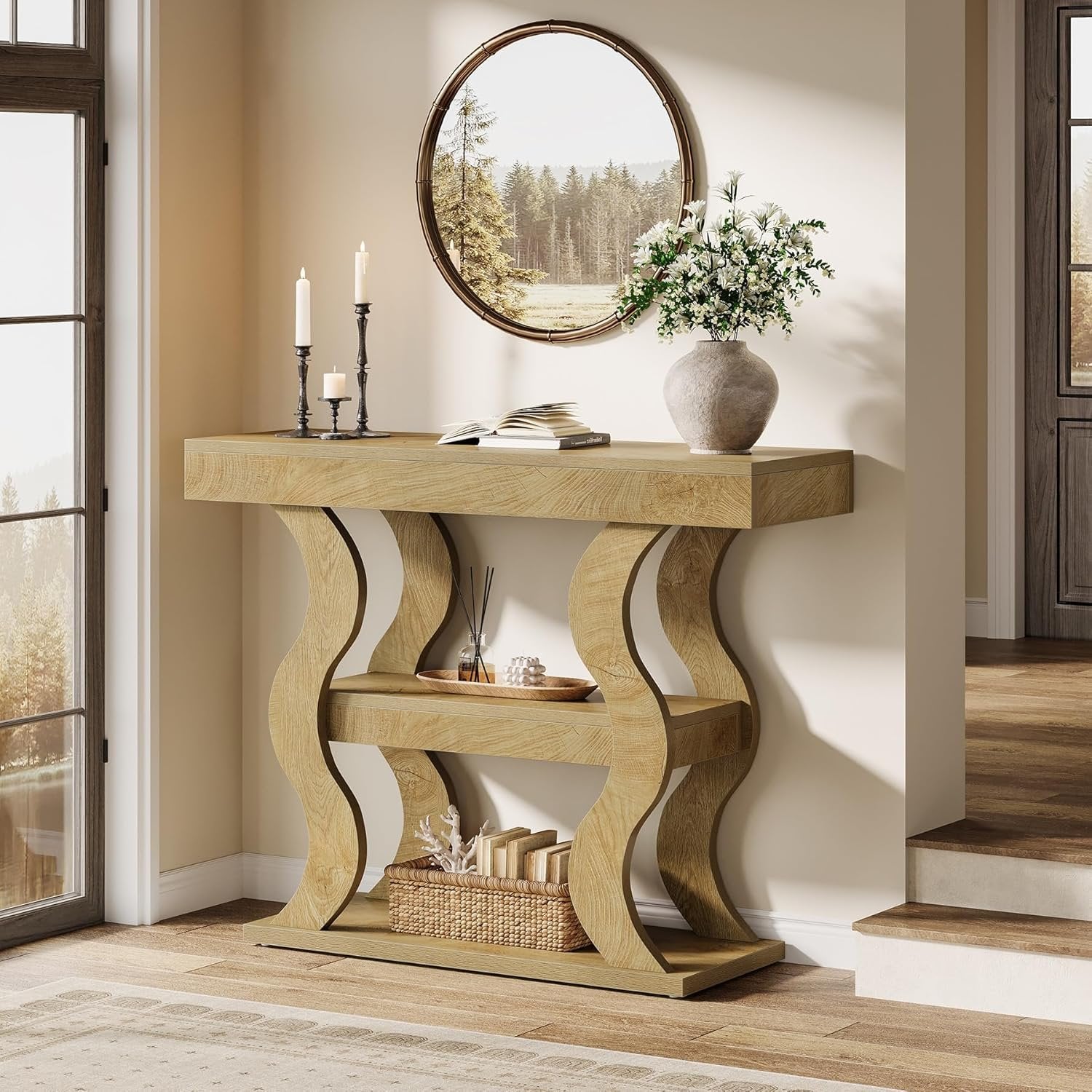 Tribesigns Tavolo consolle da 105 cm, piccolo tavolino da caffè a 3 ripiani per ingresso