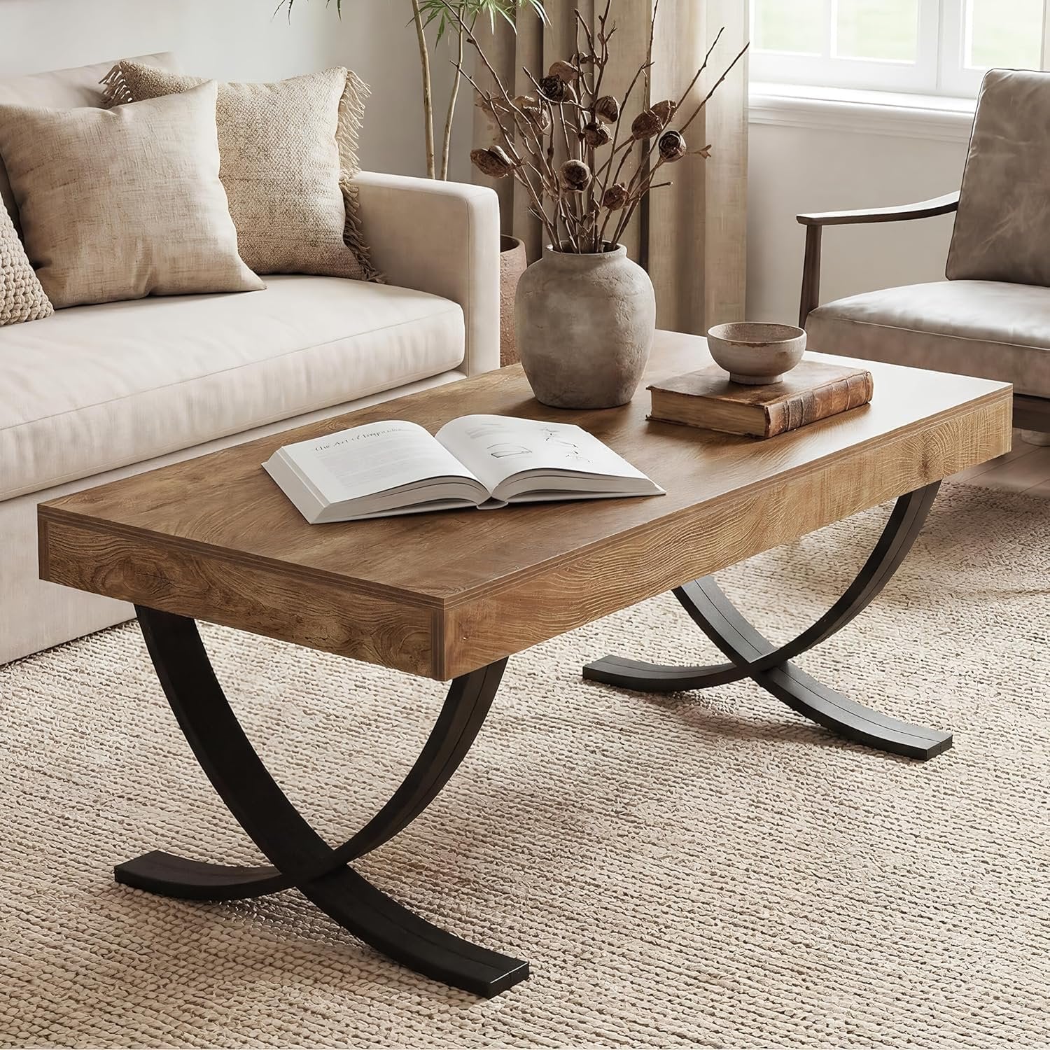 Tribesigns Tavolini da caffè, 120 cm tavolino rettangolare con gambe incrociate curve.