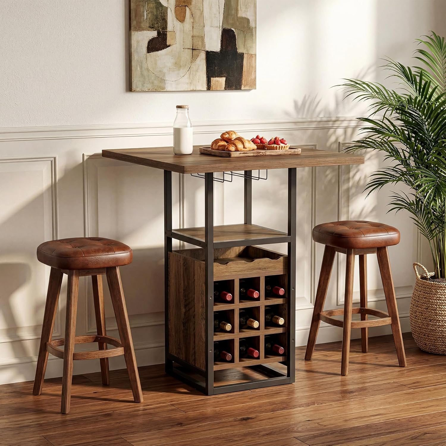 Tribesigns Tavolo Quadrato da Bar 95 cm, Tavolino da Cocktail in Legno con Portabicchieri