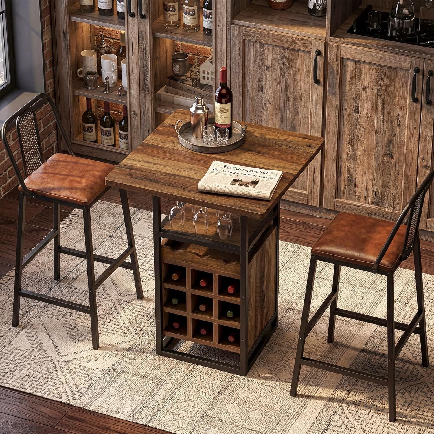 Tribesigns Tavolo Quadrato da Bar 95 cm, Tavolino da Cocktail in Legno con Portabicchieri