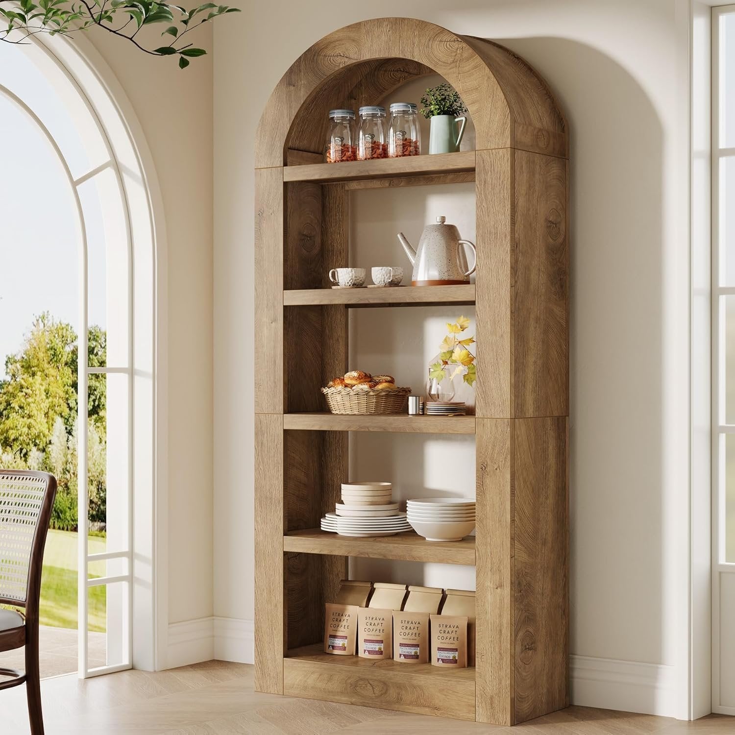 Tribesigns Libreria arco alta 180 cm, scaffali aperta a 5 ripiani con spazio contenitivo per soggiorno