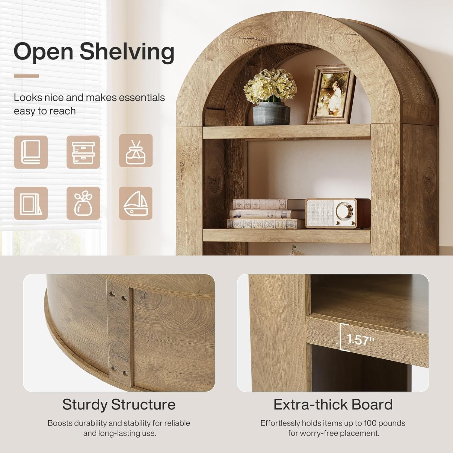 Tribesigns Libreria arco alta 180 cm, scaffali aperta a 5 ripiani con spazio contenitivo per soggiorno