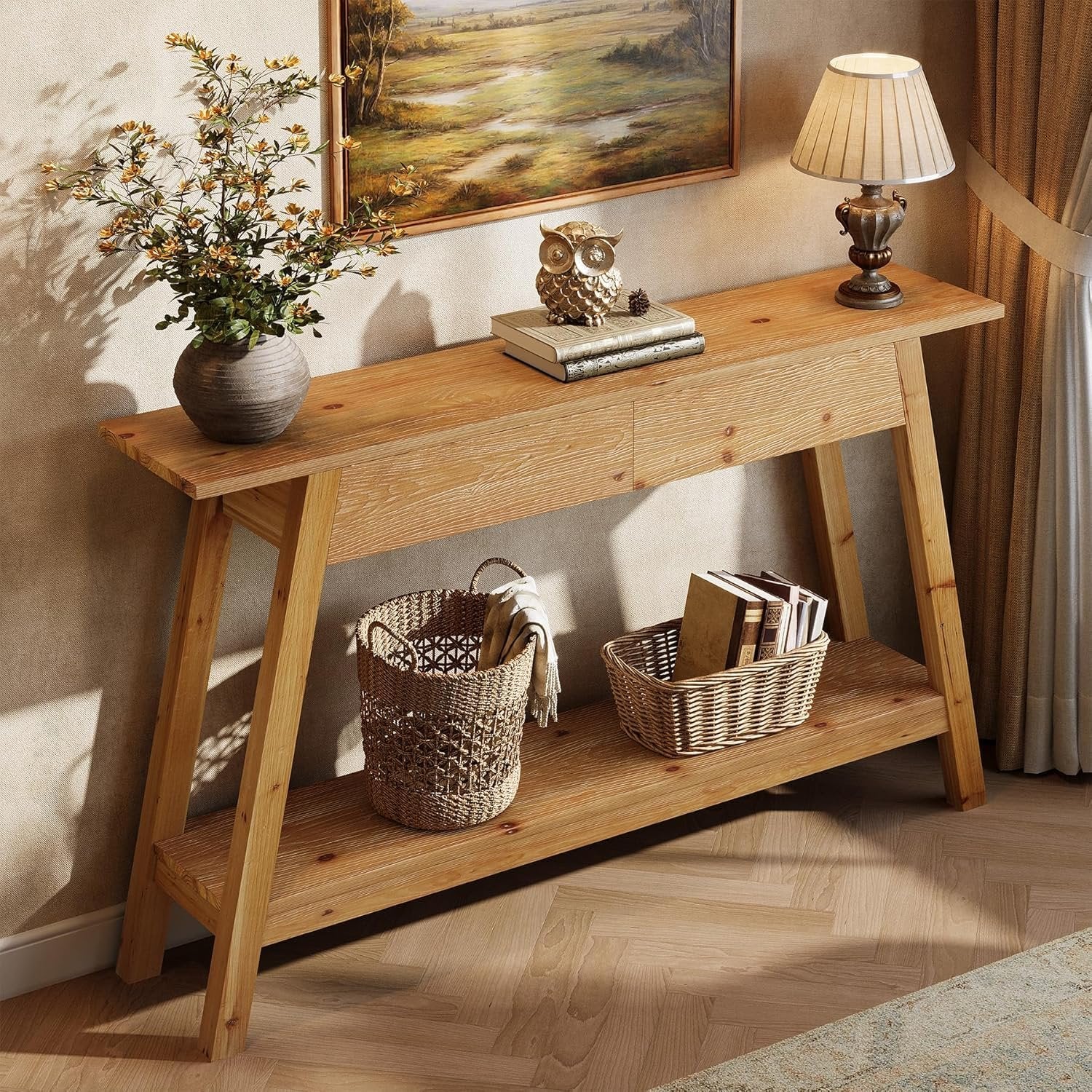 Tribesigns Tavolo consolle da 110 cm, tavolo da ingresso in legno massello con 2 cassetti
