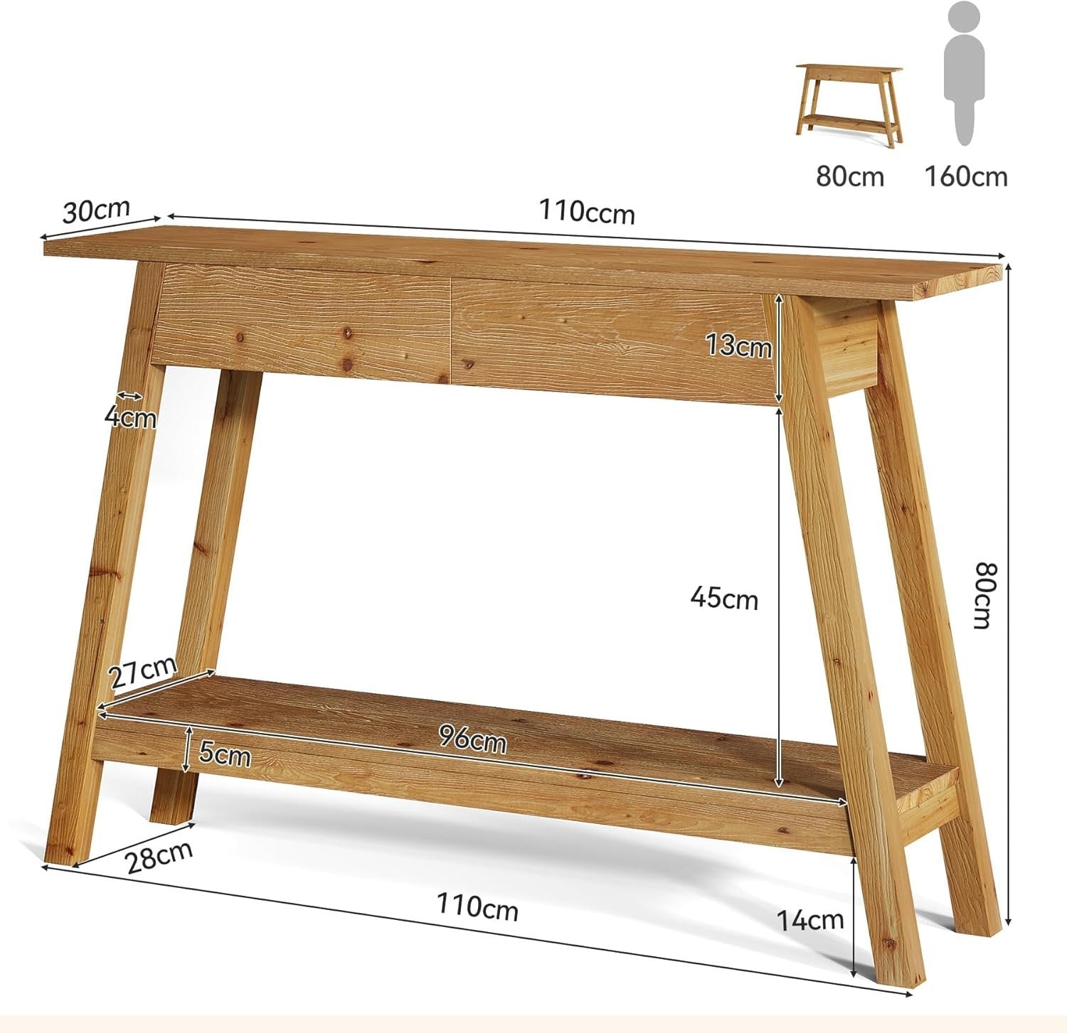 Tribesigns Tavolo consolle da 110 cm, tavolo da ingresso in legno massello con 2 cassetti