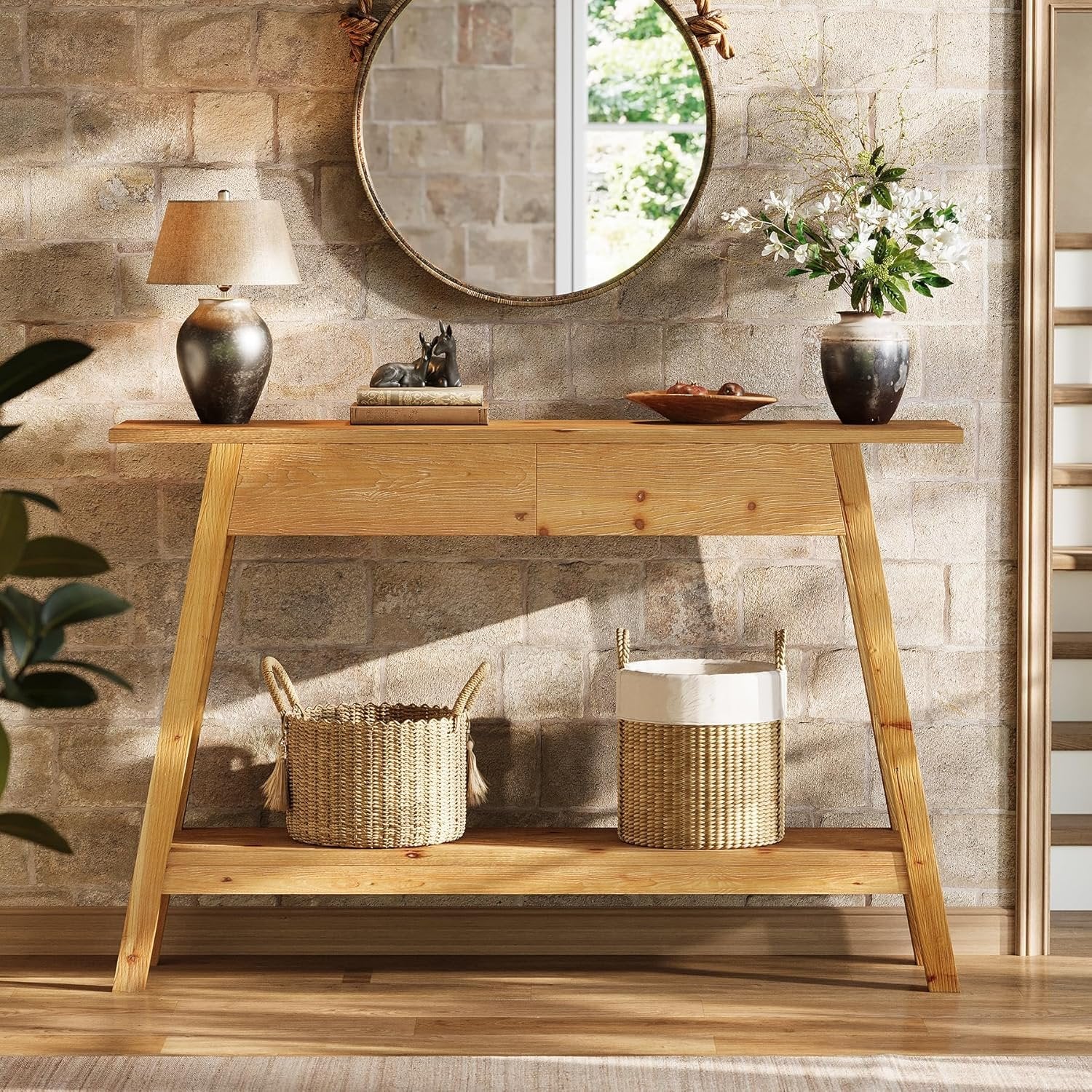 Tribesigns Tavolo consolle da 110 cm, tavolo da ingresso in legno massello con 2 cassetti