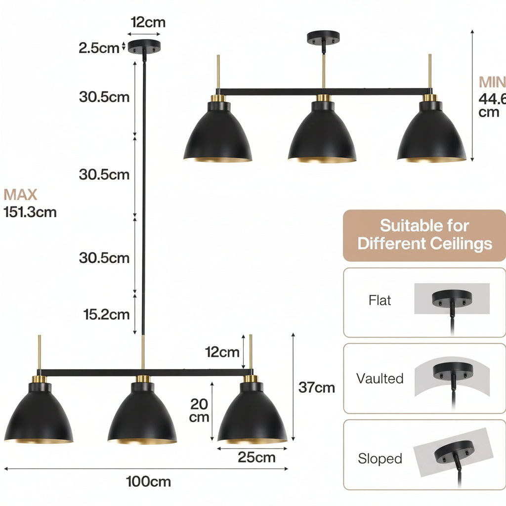 Tribesigns Lampada a sospensione con 3 lampade, apparecchio di illuminazione con aste regolabili per sala da pranzo(E27, senza lampadine)