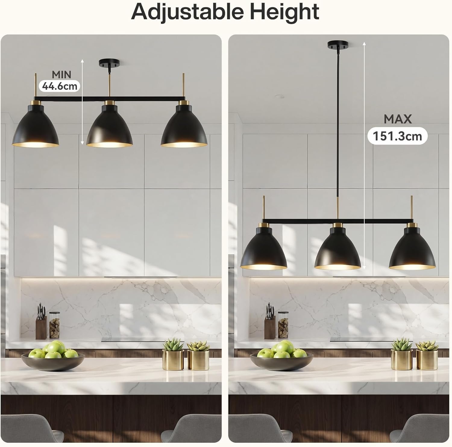 Tribesigns Lampada a sospensione con 3 lampade, apparecchio di illuminazione con aste regolabili per sala da pranzo(E27, senza lampadine)
