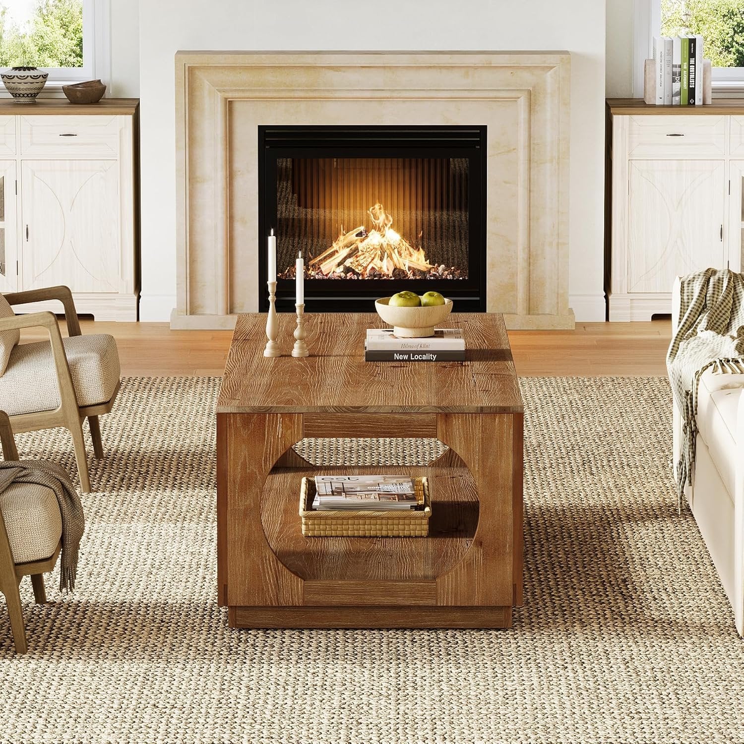 Tavolino da Caffè in Legno Massello, Tavolini da Centro da 120cm a 2 Livelli