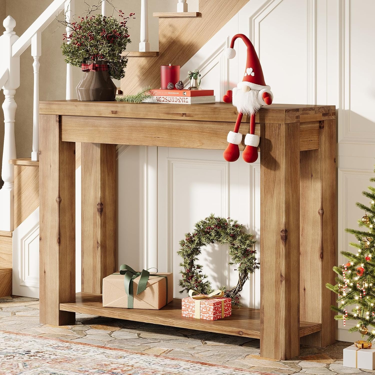 Tribesigns Consolle Ingresso da 110 cm, Tavolo Consolle in Legno Massello con Ripiano a 2 Livelli
