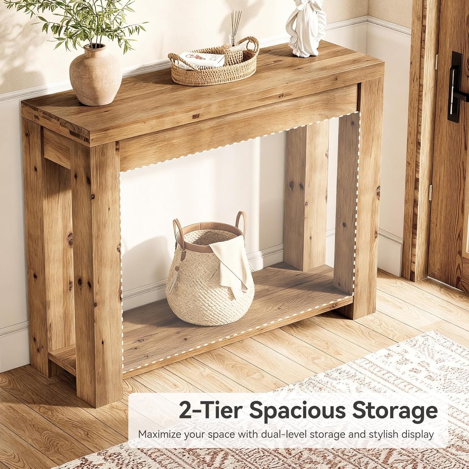 Tribesigns Consolle Ingresso da 110 cm, Tavolo Consolle in Legno Massello con Ripiano a 2 Livelli