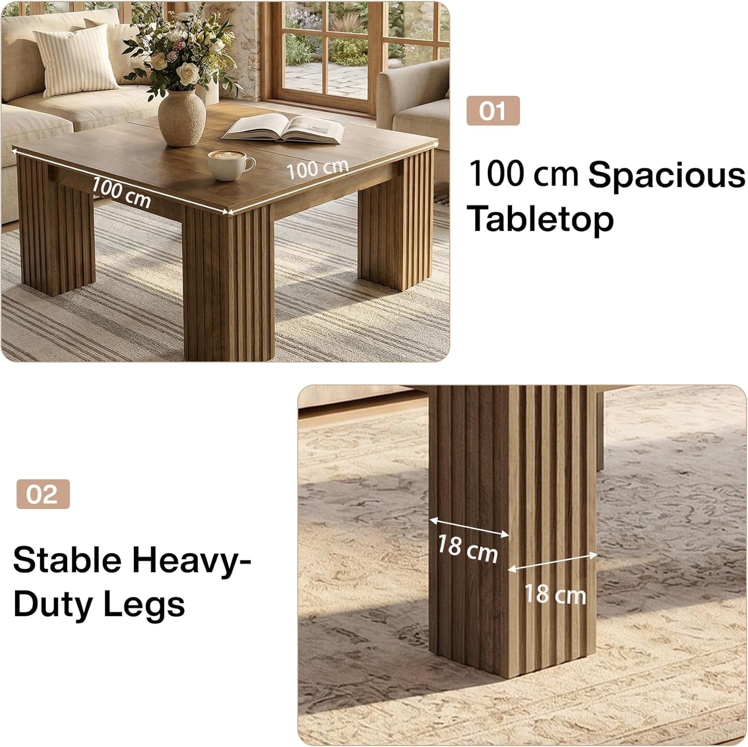 Tribesigns Tavolino quadrato da 100 cm, tavolino centrale in stile rustico con gambe scanalate