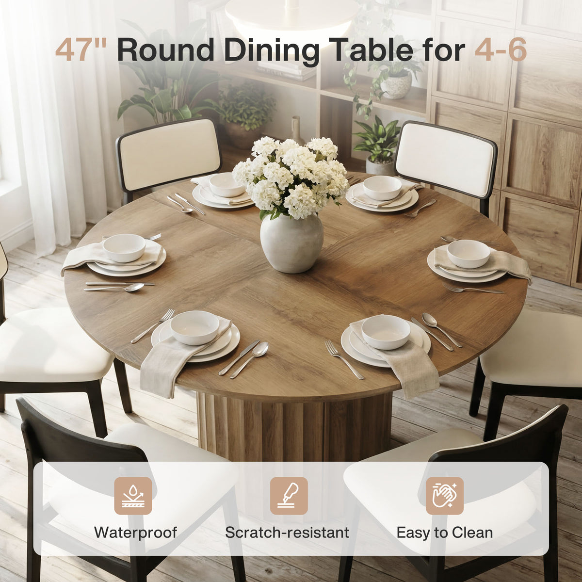Tavolo da Pranzo Rotondo con Base a Colonna Scanalata, Ø 120 cm, per 4–6 Persone