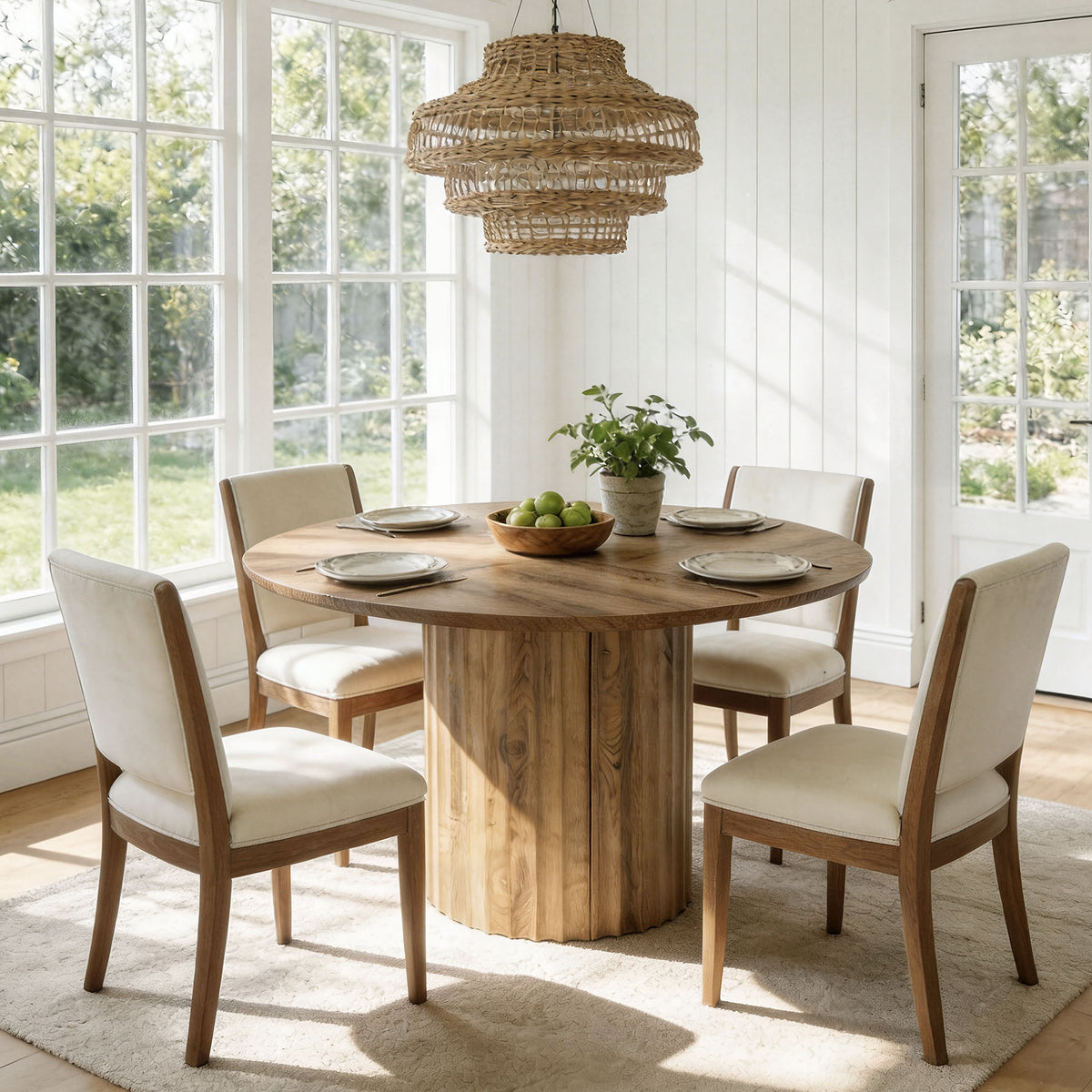 Tavolo da Pranzo Rotondo con Base a Colonna Scanalata, Ø 120 cm, per 4–6 Persone