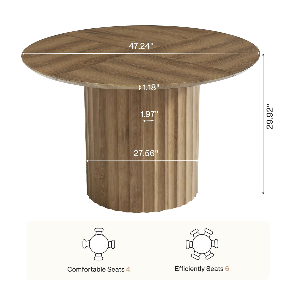 Tavolo da Pranzo Rotondo con Base a Colonna Scanalata, Ø 120 cm, per 4–6 Persone