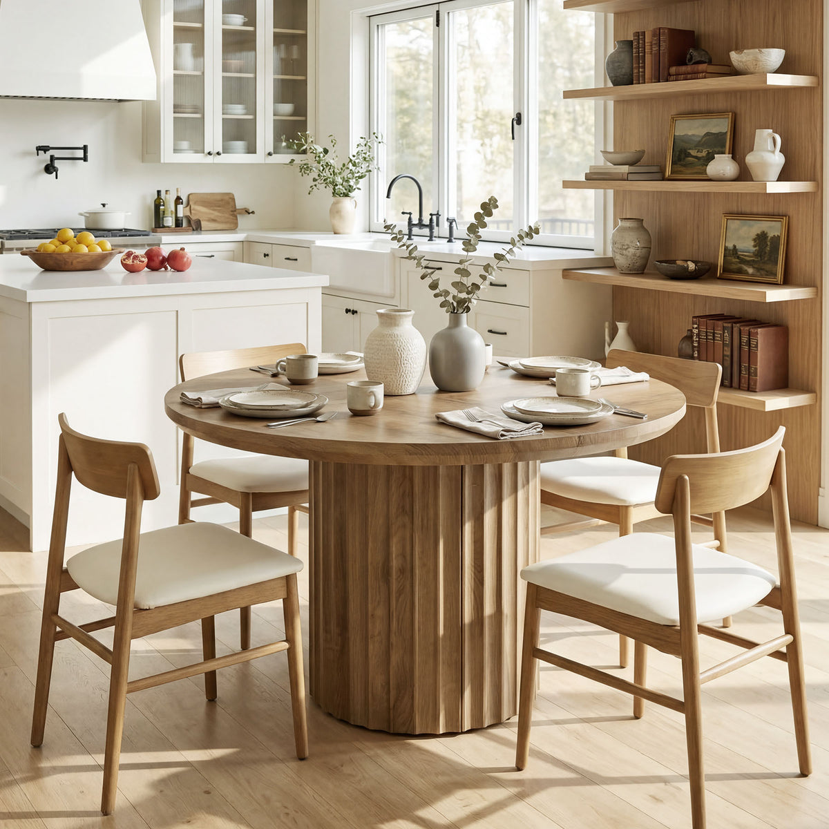 Tavolo da Pranzo Rotondo con Base a Colonna Scanalata, Ø 120 cm, per 4–6 Persone