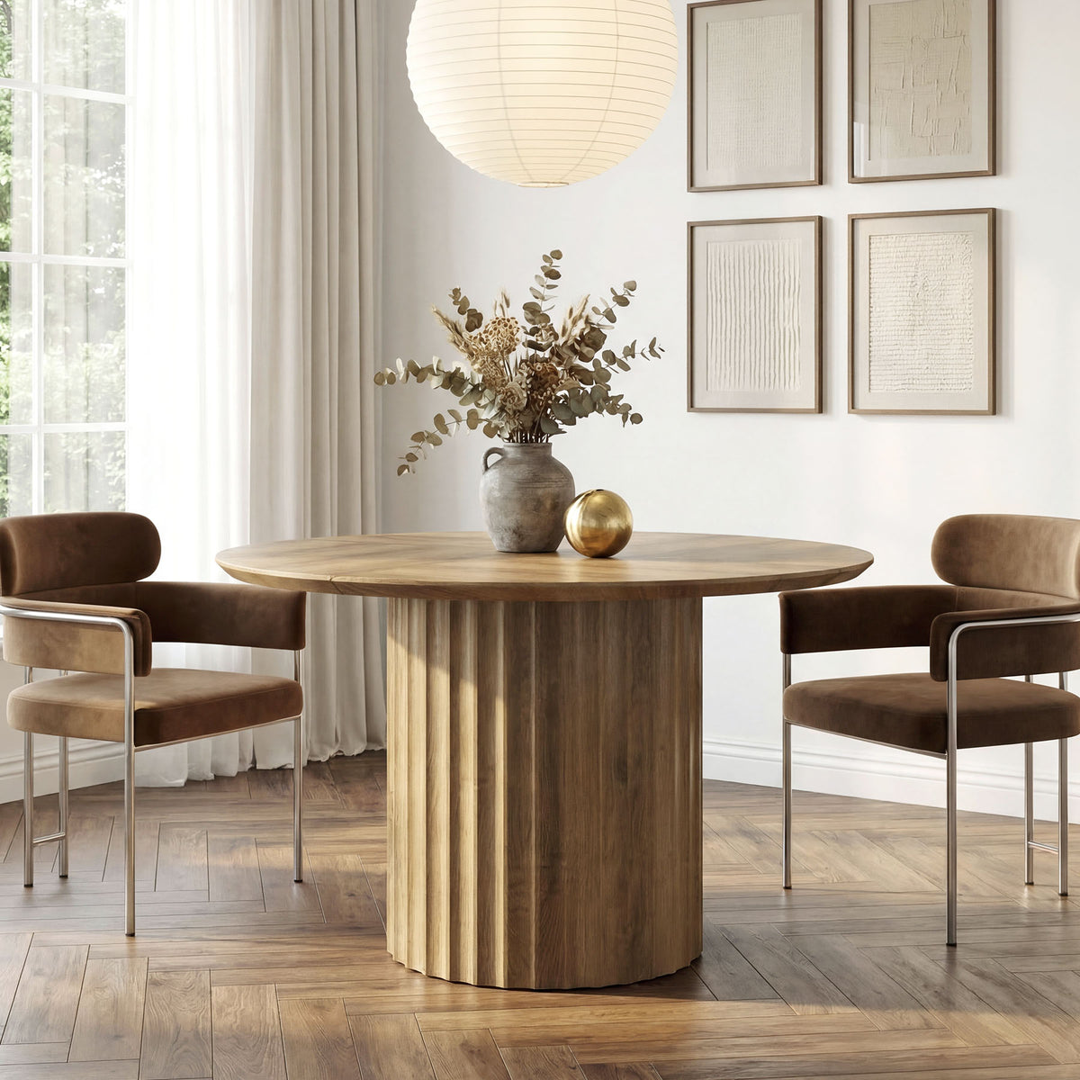 Tavolo da Pranzo Rotondo con Base a Colonna Scanalata, Ø 120 cm, per 4–6 Persone