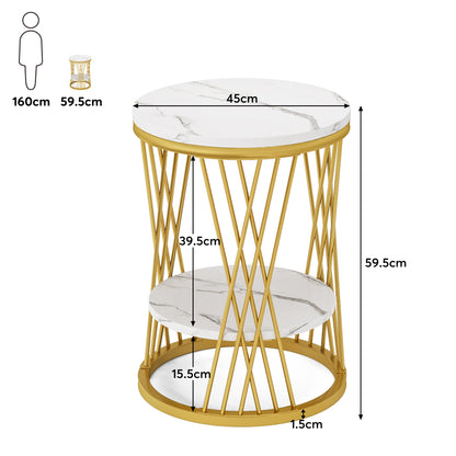 Tavolino Tribesigns a 2 ripiani, comodino rotondo con ripiani in finto marmo