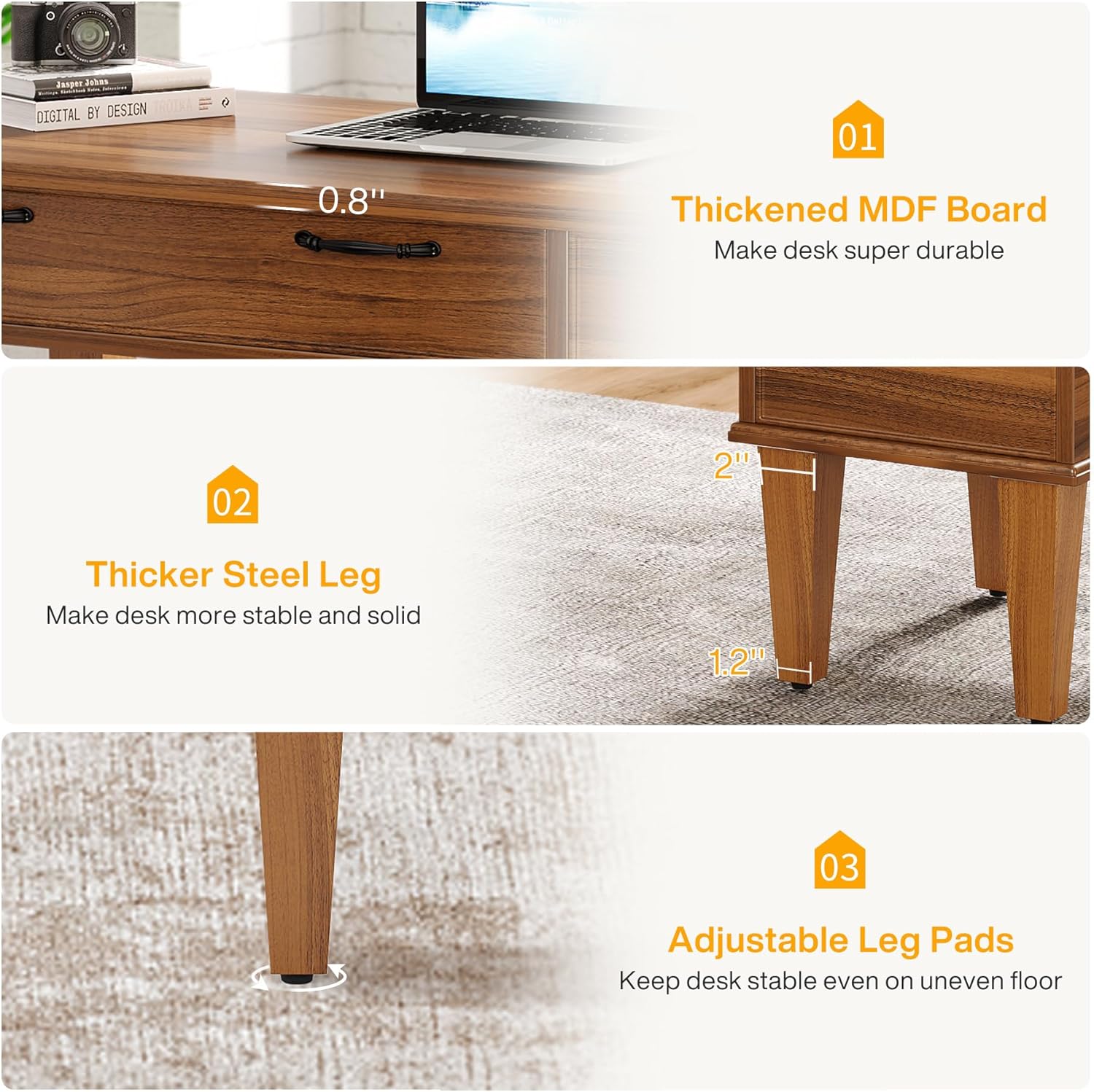 Tribesigns 120 cm Scrivania per computer, Scrivania da ufficio con 4 cassetti