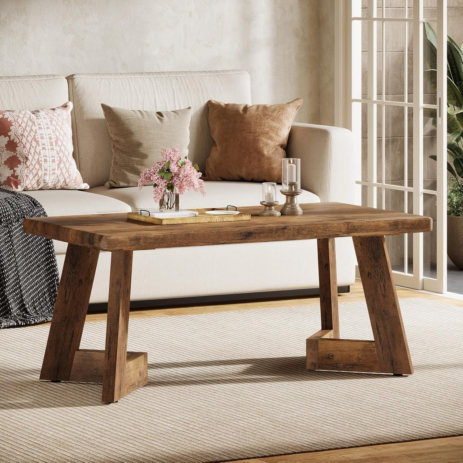 Tribesigns 120 cm Tavolino da caffè, tavolino centrale in stile fattoria con gambe a V