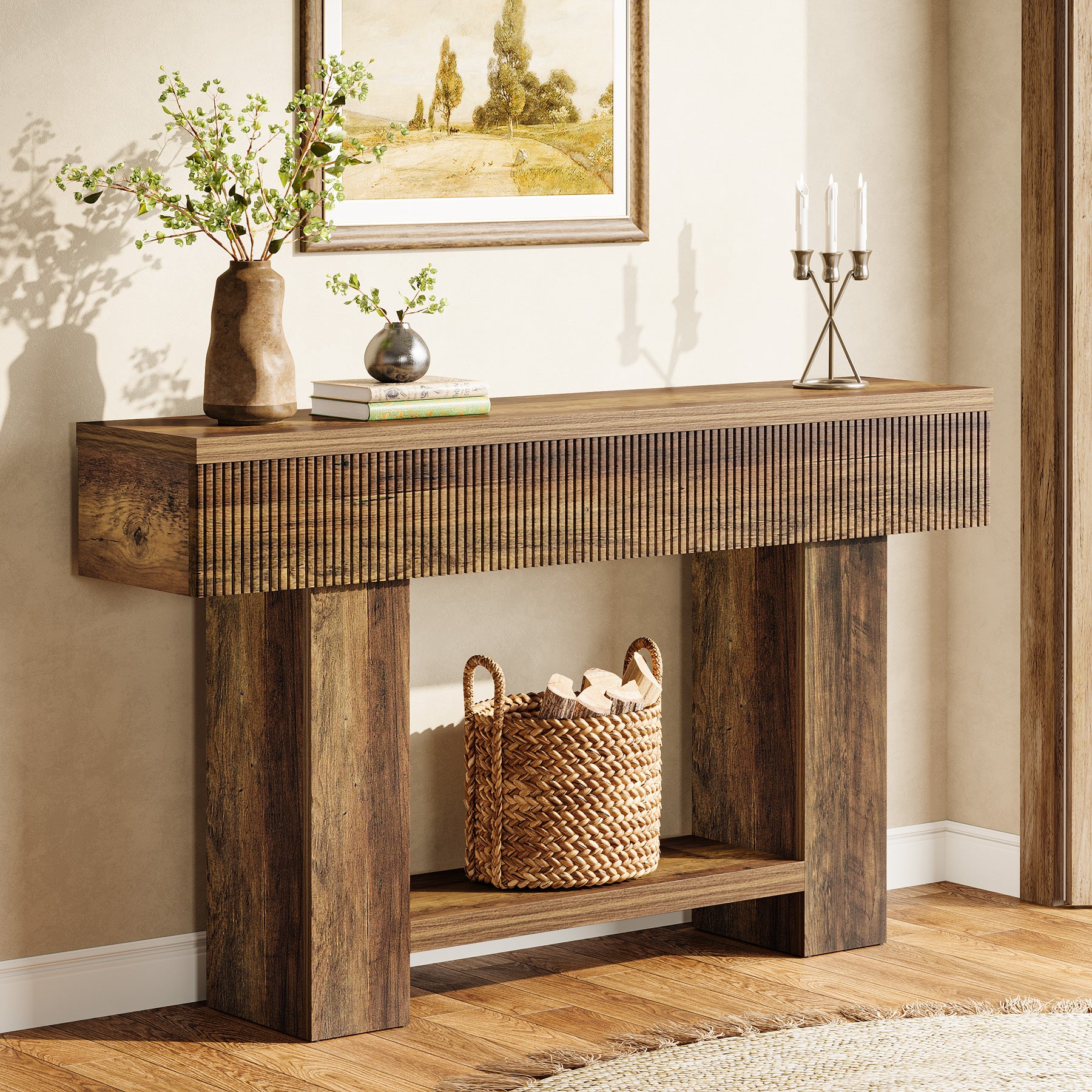 Tribesigns 140 cm Tavolino, tavolino da ingresso con contenitore consolle in rustico