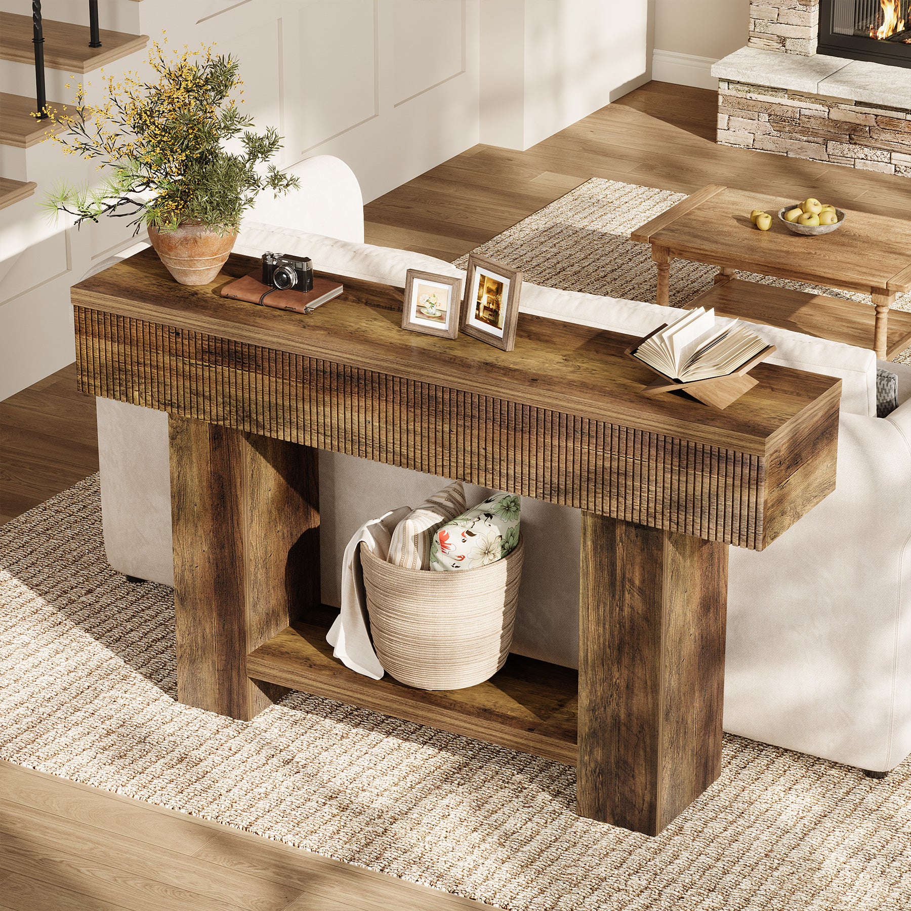 Tribesigns 140 cm Tavolino, tavolino da ingresso con contenitore consolle in rustico