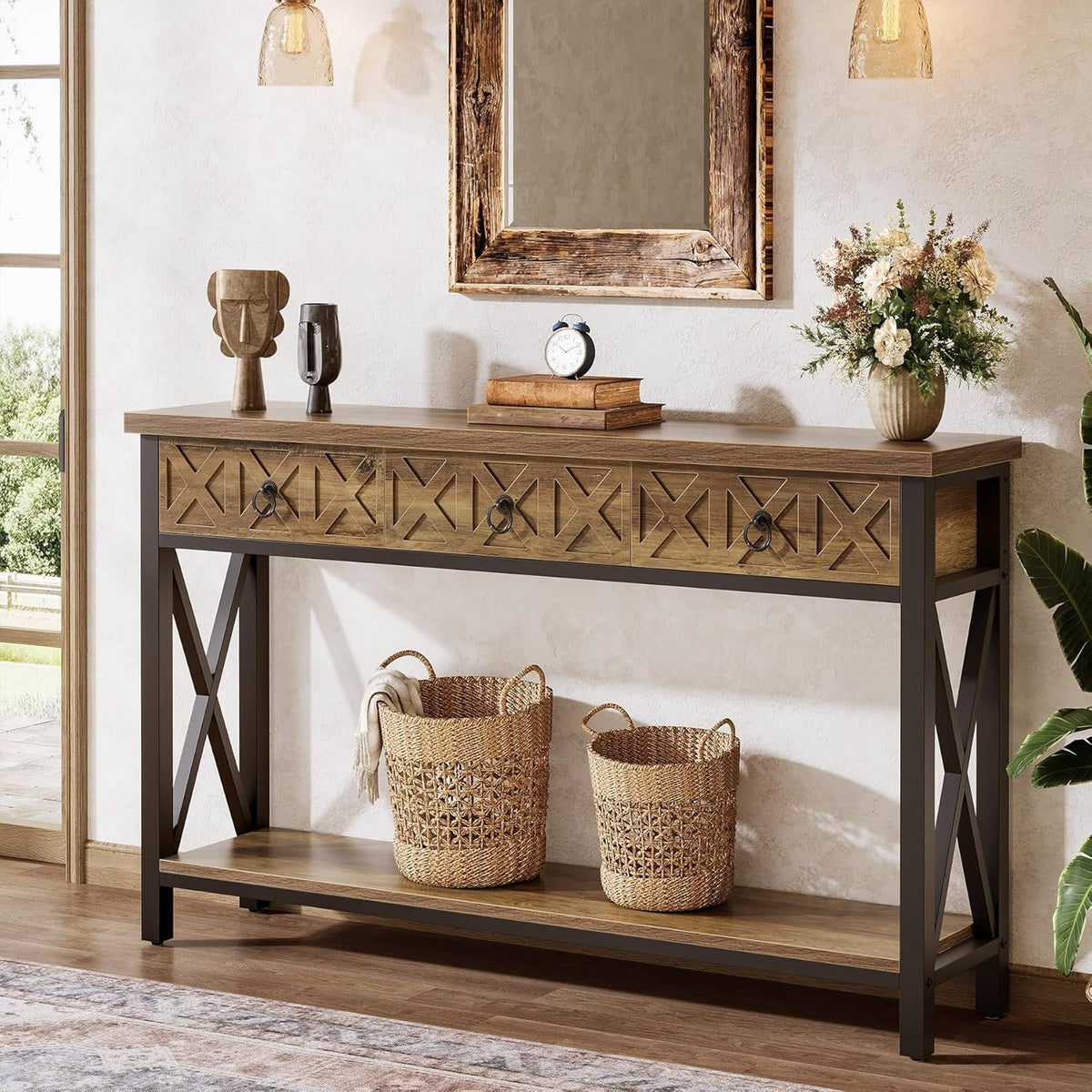 Consolle Tribesigns 140 Cm - In Legno Rustico Marrone, Con Vano Aperto, Per Ingresso E Soggiorno, Facile Montaggio