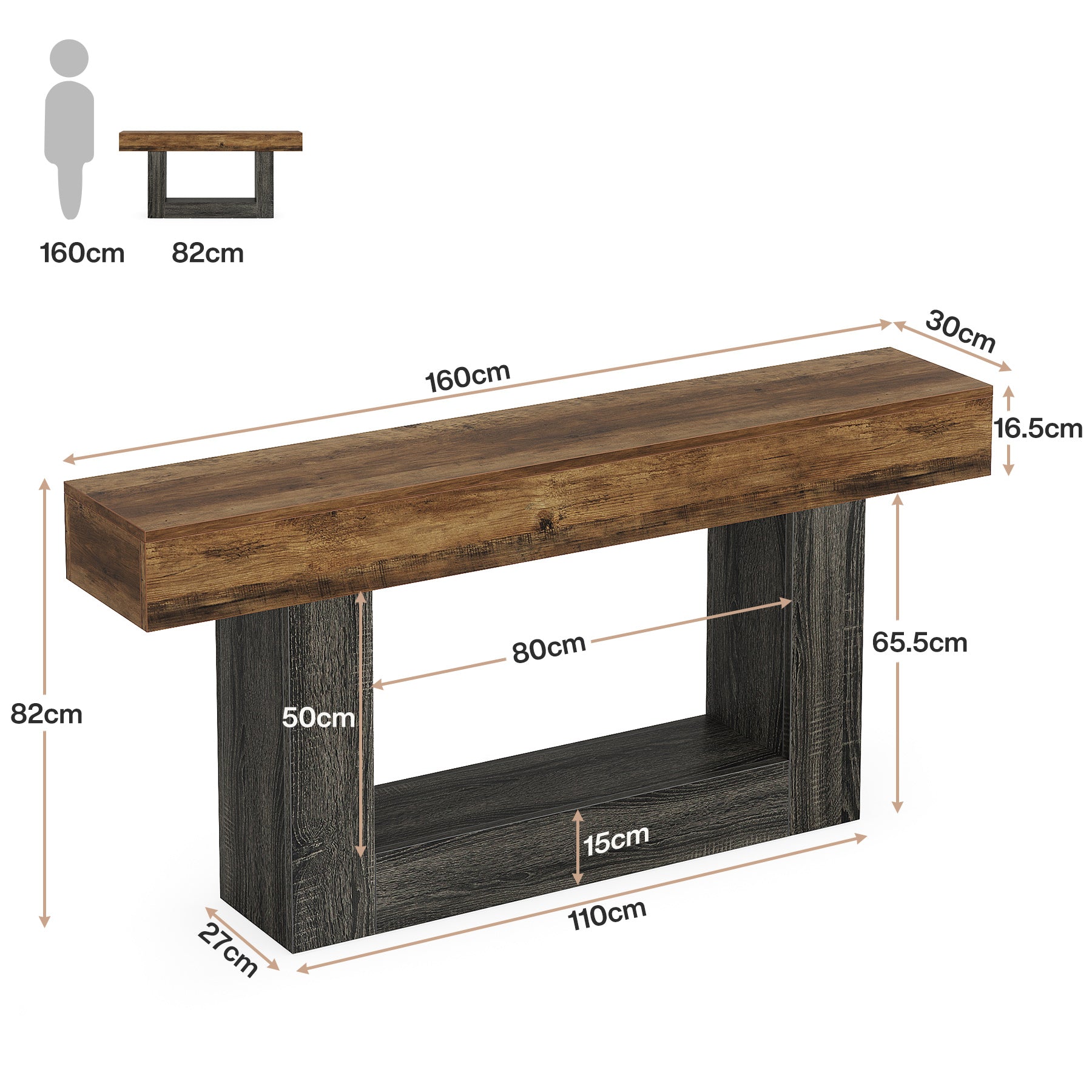 Tribesigns 160 cm Tavolo consolle in legno, tavolo da ingresso con 2 ripiani in stile fattoria
